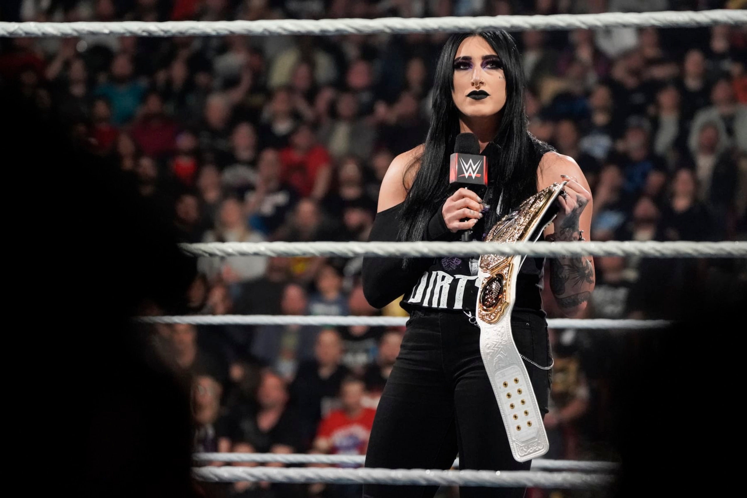 MONTREAL, CANADA - APRIL 15: Rhea Ripley relinquishes the Women's World Championship during Monday Night RAW at the Bell Centre on April 15, 2024 in Montreal, Canada. (Photo by WWE/Getty Images) MONTREAL, CANADA - APRIL 15: Rhea Ripley relinquishes the Women's World Championship during Monday Night RAW at the Bell Centre on April 15, 2024 in Montreal, Canada. (Photo by WWE/Getty Images)