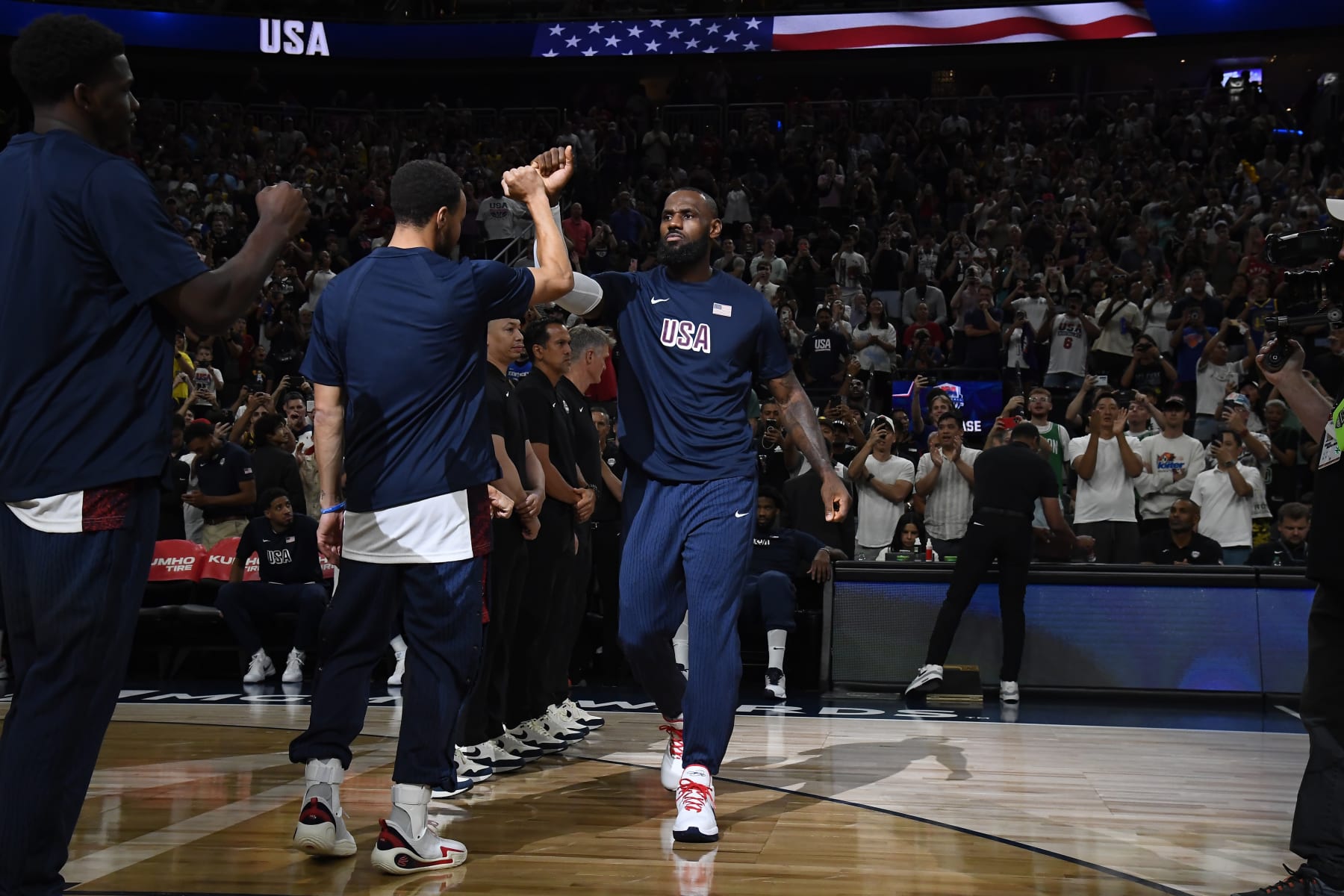 LAS VEGAS, NV - JULY 10: LeBron James #6 of the USA Basketball Men's Team is introduced before the game against the Canada Basketball Men's Team on July 10, 2024 at the T-Mobile Arena in Las Vegas, Nevada. NOTE TO USER: User expressly acknowledges and agrees that, by downloading and/or using this Photograph, user is consenting to the terms and conditions of the Getty Images License Agreement. Mandatory Copyright Notice: Copyright 2024 NBAE (Photo by Brian Babineau/NBAE via Getty Images)