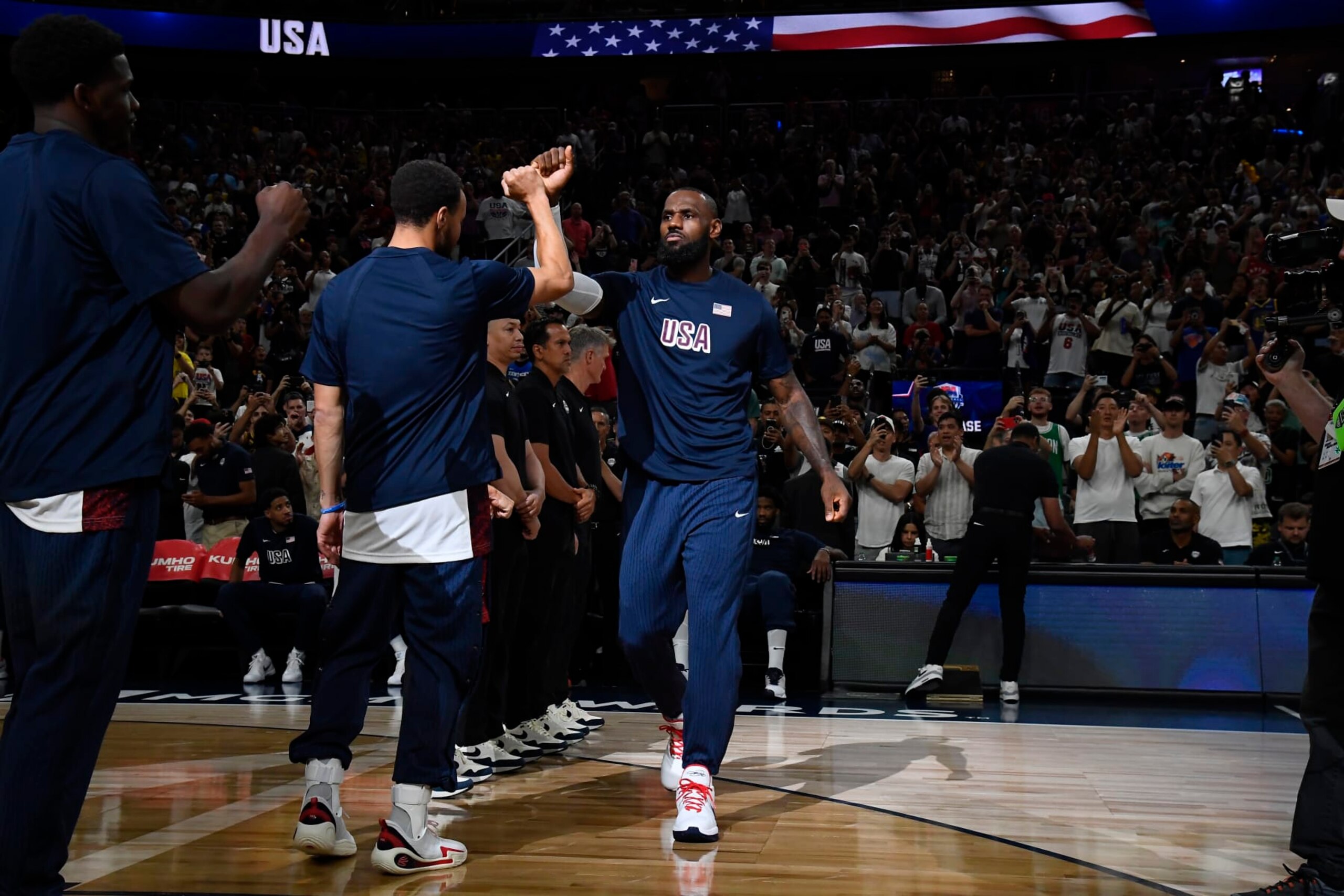 LAS VEGAS, NV - JULY 10: LeBron James #6 of the USA Basketball Men's Team is introduced before the game against the Canada Basketball Men's Team on July 10, 2024 at the T-Mobile Arena in Las Vegas, Nevada. NOTE TO USER: User expressly acknowledges and agrees that, by downloading and/or using this Photograph, user is consenting to the terms and conditions of the Getty Images License Agreement. Mandatory Copyright Notice: Copyright 2024 NBAE (Photo by Brian Babineau/NBAE via Getty Images) LAS VEGAS, NV - JULY 10: LeBron James #6 of the USA Basketball Men's Team is introduced before the game against the Canada Basketball Men's Team on July 10, 2024 at the T-Mobile Arena in Las Vegas, Nevada. NOTE TO USER: User expressly acknowledges and agrees that, by downloading and/or using this Photograph, user is consenting to the terms and conditions of the Getty Images License Agreement. Mandatory Copyright Notice: Copyright 2024 NBAE (Photo by Brian Babineau/NBAE via Getty Images)