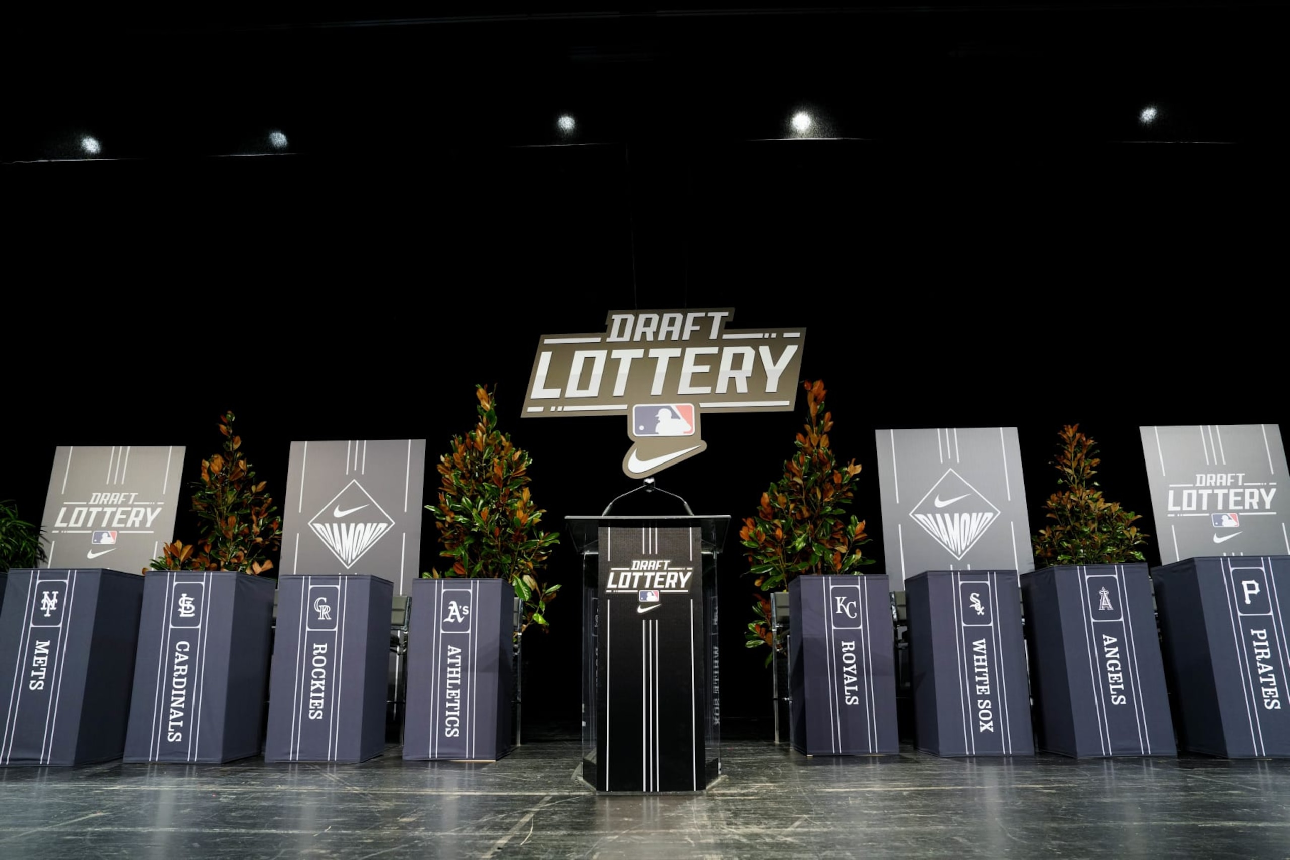 NASHVILLE, TN - DECEMBER 05:   A general view of the stage during the 2024 MLB Draft Lottery presented by Nike at the 2023 MLB Winter Meetings at Gaylord Opryland Resort & Convention Center on Tuesday, December 5, 2023 in Nashville, Tennessee. (Photo by Daniel Shirey/MLB Photos via Getty Images)