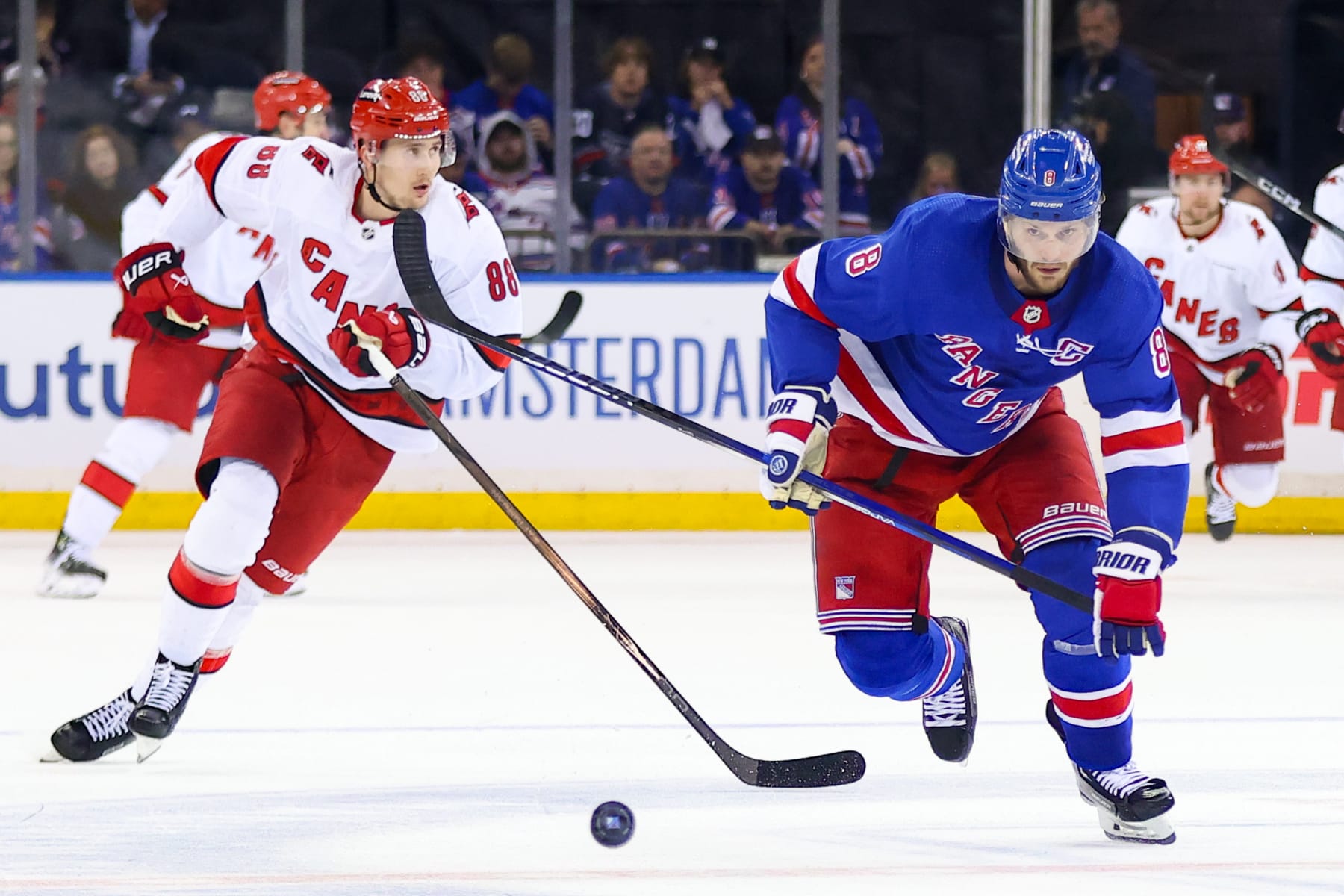 NEW YORK, NY - MAY 13: New York Rangers Defenseman Jacob Trouba (8) in action during the third period of Game 5 of the National Hockey League Stanley Cup Playoffs Eastern Conference Second Round game between the Carolina Hurricanes and the New York Rangers on May 13, 2024 at Madison Square Garden in New York, NY. (Photo by Joshua Sarner/Icon Sportswire via Getty Images)