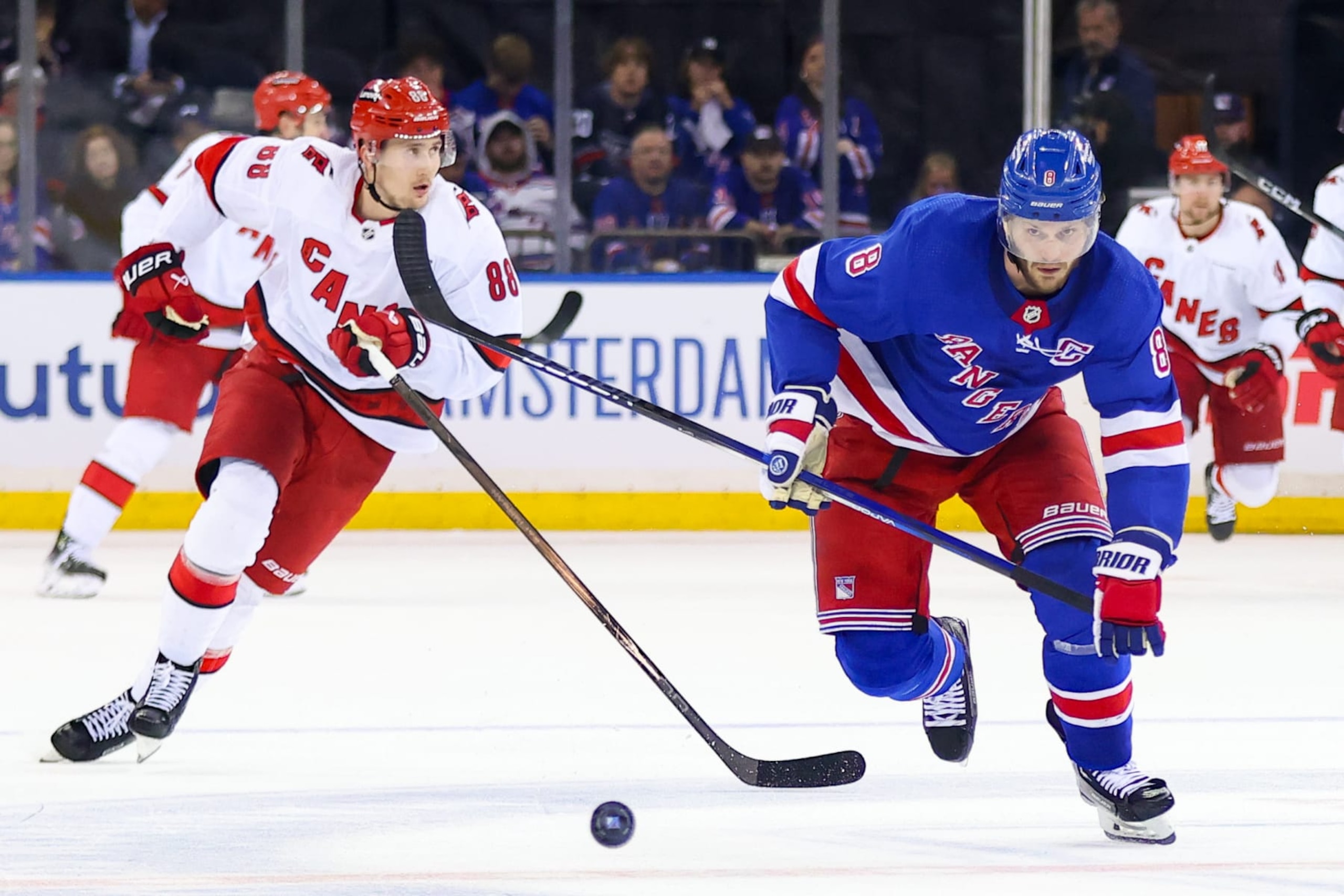 NEW YORK, NY - MAY 13: New York Rangers Defenseman Jacob Trouba (8) in action during the third period of Game 5 of the National Hockey League Stanley Cup Playoffs Eastern Conference Second Round game between the Carolina Hurricanes and the New York Rangers on May 13, 2024 at Madison Square Garden in New York, NY. (Photo by Joshua Sarner/Icon Sportswire via Getty Images) NEW YORK, NY - MAY 13: New York Rangers Defenseman Jacob Trouba (8) in action during the third period of Game 5 of the National Hockey League Stanley Cup Playoffs Eastern Conference Second Round game between the Carolina Hurricanes and the New York Rangers on May 13, 2024 at Madison Square Garden in New York, NY. (Photo by Joshua Sarner/Icon Sportswire via Getty Images)