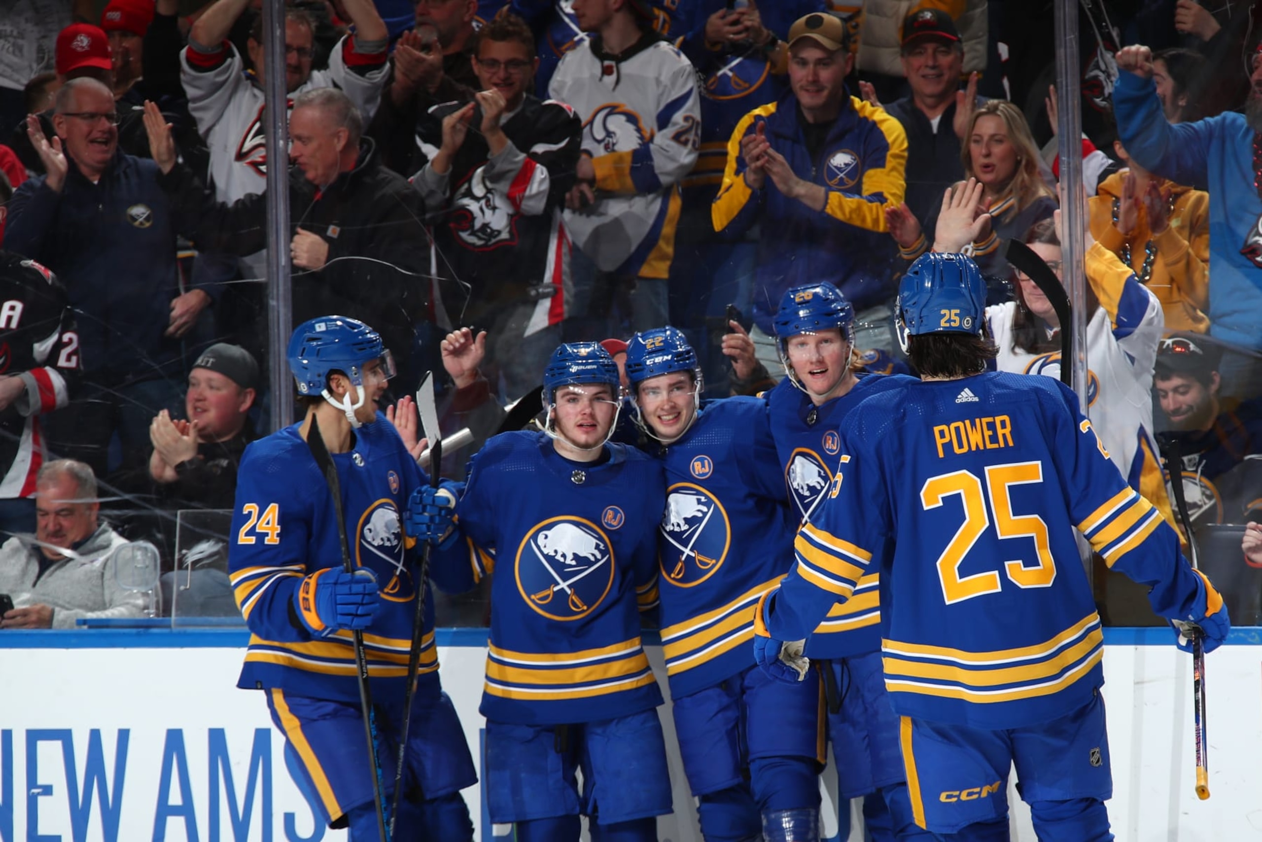 BUFFALO, NEW YORK - APRIL 5: Jack Quinn #22 of the Buffalo Sabres celebrates his second goal of the game against the Philadelphia Flyers with Dylan Cozens #24, Zach Benson #9, Rasmus Dahlin #26 and Owen Power #25 during an NHL game on April 5, 2024 at KeyBank Center in Buffalo, New York. (Photo by Bill Wippert/NHLI via Getty Images) BUFFALO, NEW YORK - APRIL 5: Jack Quinn #22 of the Buffalo Sabres celebrates his second goal of the game against the Philadelphia Flyers with Dylan Cozens #24, Zach Benson #9, Rasmus Dahlin #26 and Owen Power #25 during an NHL game on April 5, 2024 at KeyBank Center in Buffalo, New York. (Photo by Bill Wippert/NHLI via Getty Images)