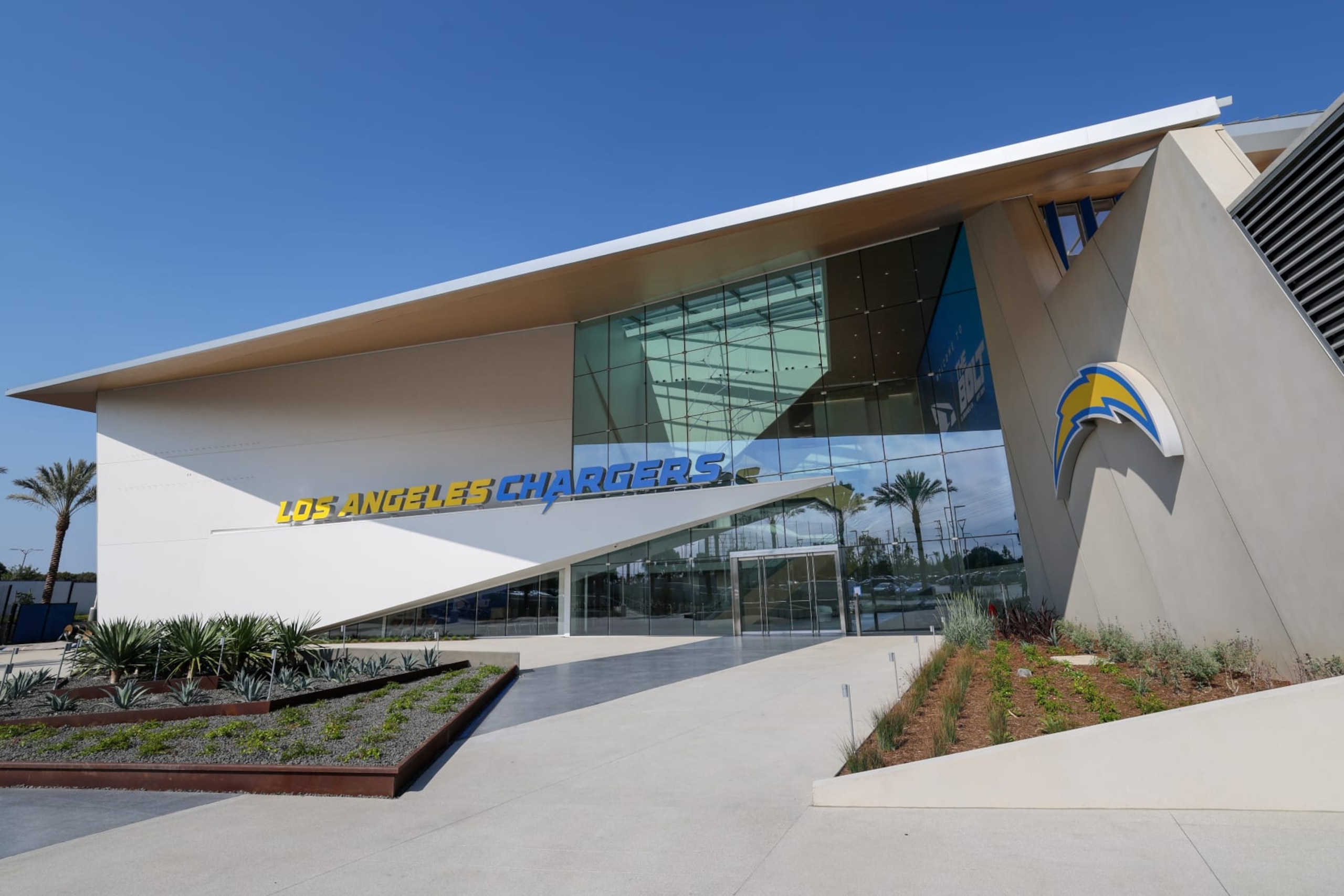 El Segundo, CA, Monday, July 8, 2024 - Strong diverse angles of walls, windows, rooms and stairs are featured in the architecture at "The Bolt," the newly constructed home of the LA Chargers.  (Robert Gauthier/Los Angeles Times via Getty Images)