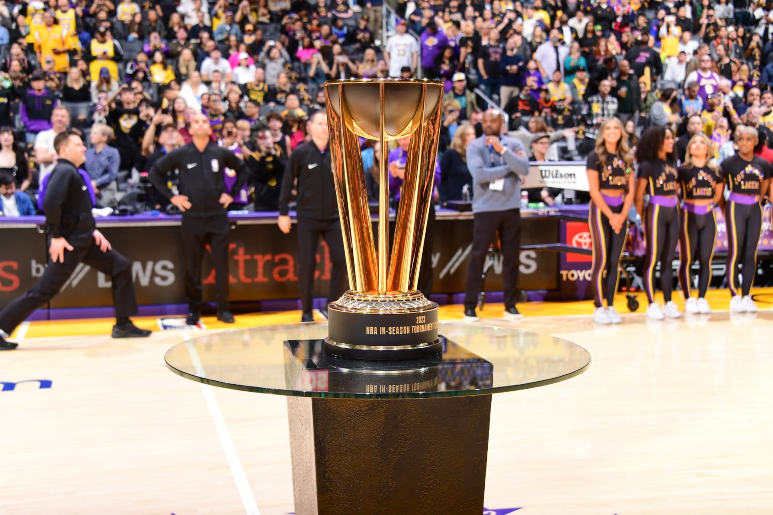 LOS ANGELES, CA - DECEMBER 18: A look at the 2023-24 In-Season Tournament Championship Trophy before the game on December 18, 2023 at Crypto.Com Arena in Los Angeles, California. NOTE TO USER: User expressly acknowledges and agrees that, by downloading and/or using this Photograph, user is consenting to the terms and conditions of the Getty Images License Agreement. Mandatory Copyright Notice: Copyright 2023 NBAE (Photo by Adam Pantozzi/NBAE via Getty Images) LOS ANGELES, CA - DECEMBER 18: A look at the 2023-24 In-Season Tournament Championship Trophy before the game on December 18, 2023 at Crypto.Com Arena in Los Angeles, California. NOTE TO USER: User expressly acknowledges and agrees that, by downloading and/or using this Photograph, user is consenting to the terms and conditions of the Getty Images License Agreement. Mandatory Copyright Notice: Copyright 2023 NBAE (Photo by Adam Pantozzi/NBAE via Getty Images)