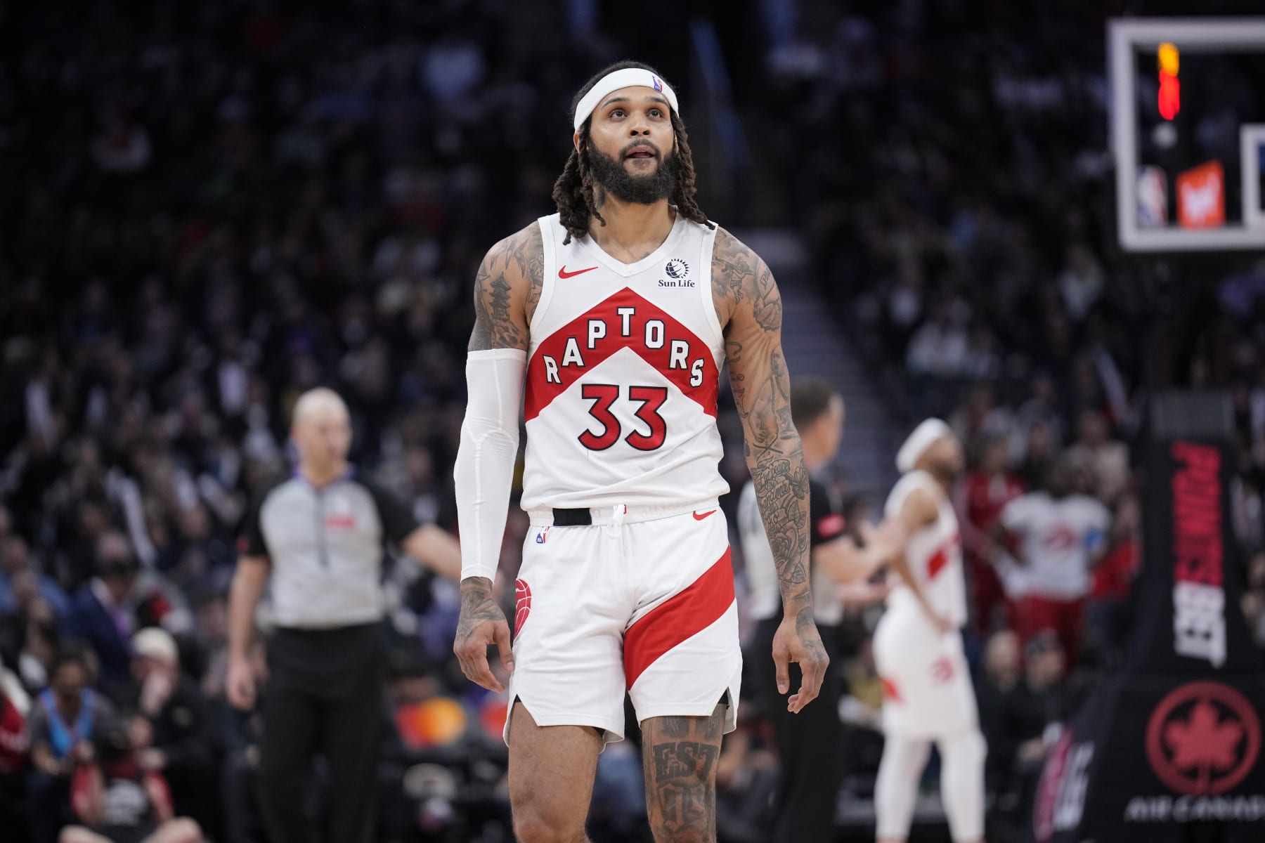 TORONTO, ON - MARCH 25: Gary Trent Jr. #33 of the Toronto Raptors looks on against the Brooklyn Nets during the second half of their basketball game at the Scotiabank Arena on March 25, 2024 in Toronto, Ontario, Canada. NOTE TO USER: User expressly acknowledges and agrees that, by downloading and/or using this Photograph, user is consenting to the terms and conditions of the Getty Images License Agreement. (Photo by Mark Blinch/Getty Images)