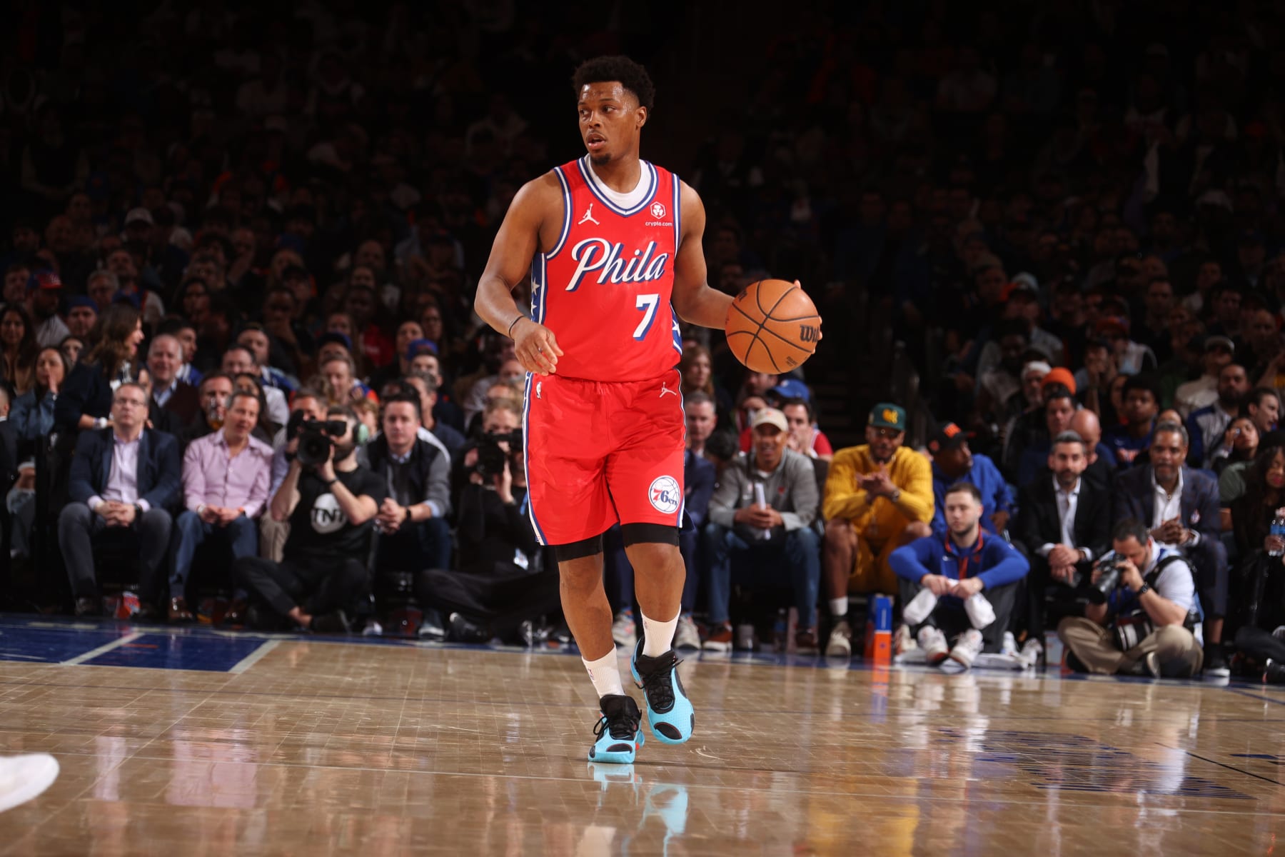 NEW YORK, NY - APRIL 22:  Kyle Lowry #7 of the Philadelphia 76ers handles the ball during the game  against the New York Knicks during Round 1 Game 2 of the 2024 NBA Playoffs on April 22, 2024 at Madison Square Garden in New York City, New York.  NOTE TO USER: User expressly acknowledges and agrees that, by downloading and or using this photograph, User is consenting to the terms and conditions of the Getty Images License Agreement. Mandatory Copyright Notice: Copyright 2024 NBAE  (Photo by Nathaniel S. Butler/NBAE via Getty Images)
