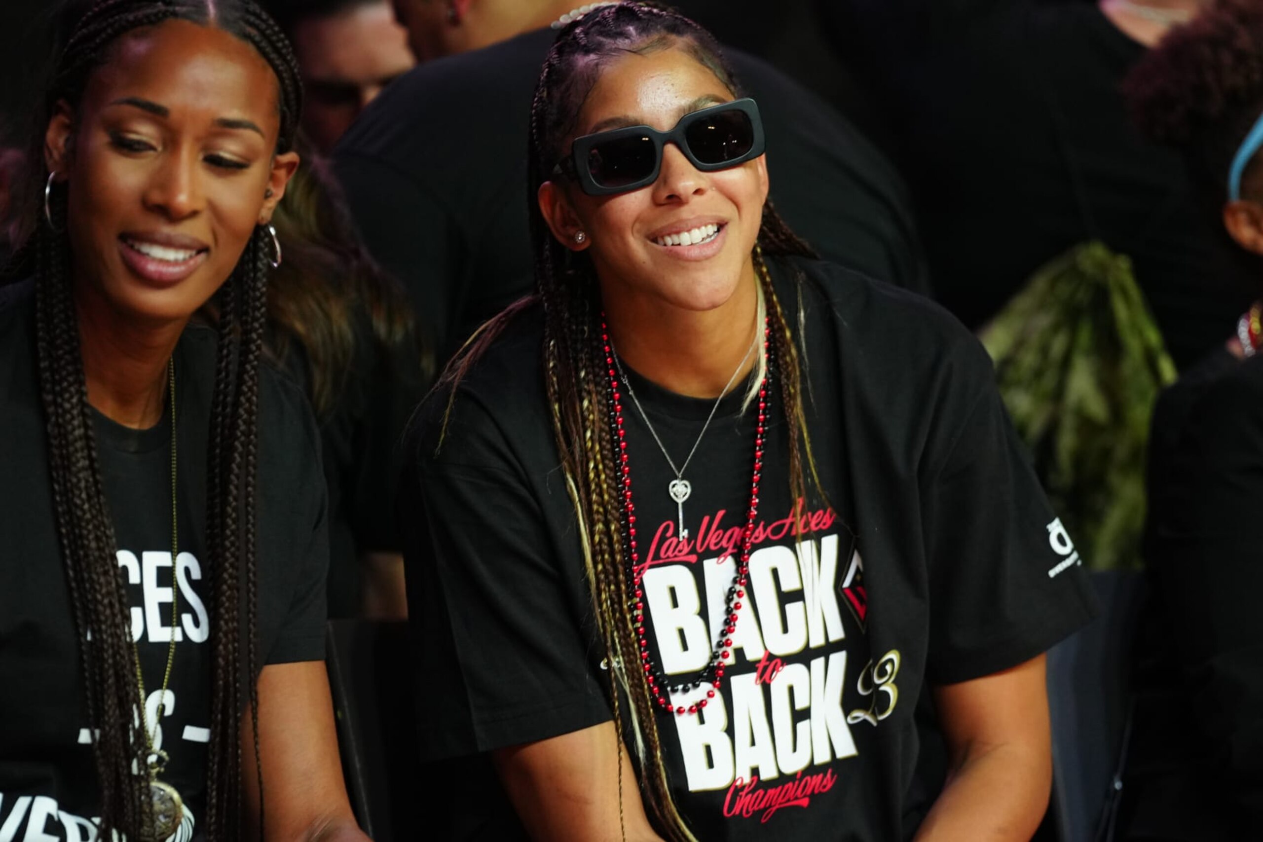 LAS VEGAS, NEVADA - OCTOBER 23: Candace Parker #3 of the Las Vegas Aces celebrates during the 2023 WNBA championship victory parade and rally on the Las Vegas Strip on October 23, 2023 in Las Vegas, Nevada. NOTE TO USER: User expressly acknowledges and agrees that, by downloading and or using this photograph, User is consenting to the terms and conditions of the Getty Images License Agreement. (Photo by Jeff Bottari/NBAE via Getty Images) LAS VEGAS, NEVADA - OCTOBER 23: Candace Parker #3 of the Las Vegas Aces celebrates during the 2023 WNBA championship victory parade and rally on the Las Vegas Strip on October 23, 2023 in Las Vegas, Nevada. NOTE TO USER: User expressly acknowledges and agrees that, by downloading and or using this photograph, User is consenting to the terms and conditions of the Getty Images License Agreement. (Photo by Jeff Bottari/NBAE via Getty Images)