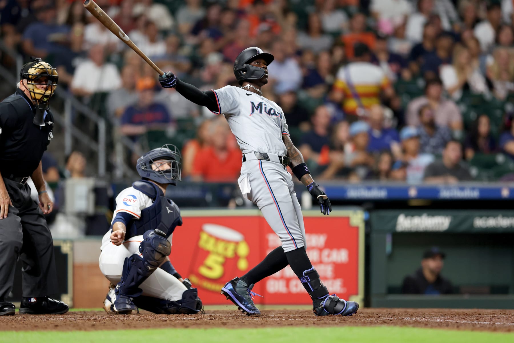 HOUSTON, TEXAS - JULY 11: Jazz Chisholm Jr. #2 of the Miami Marlins hits a home run in the fifth inning against the Houston Astros at Minute Maid Park on July 11, 2024 in Houston, Texas. (Photo by Tim Warner/Getty Images)