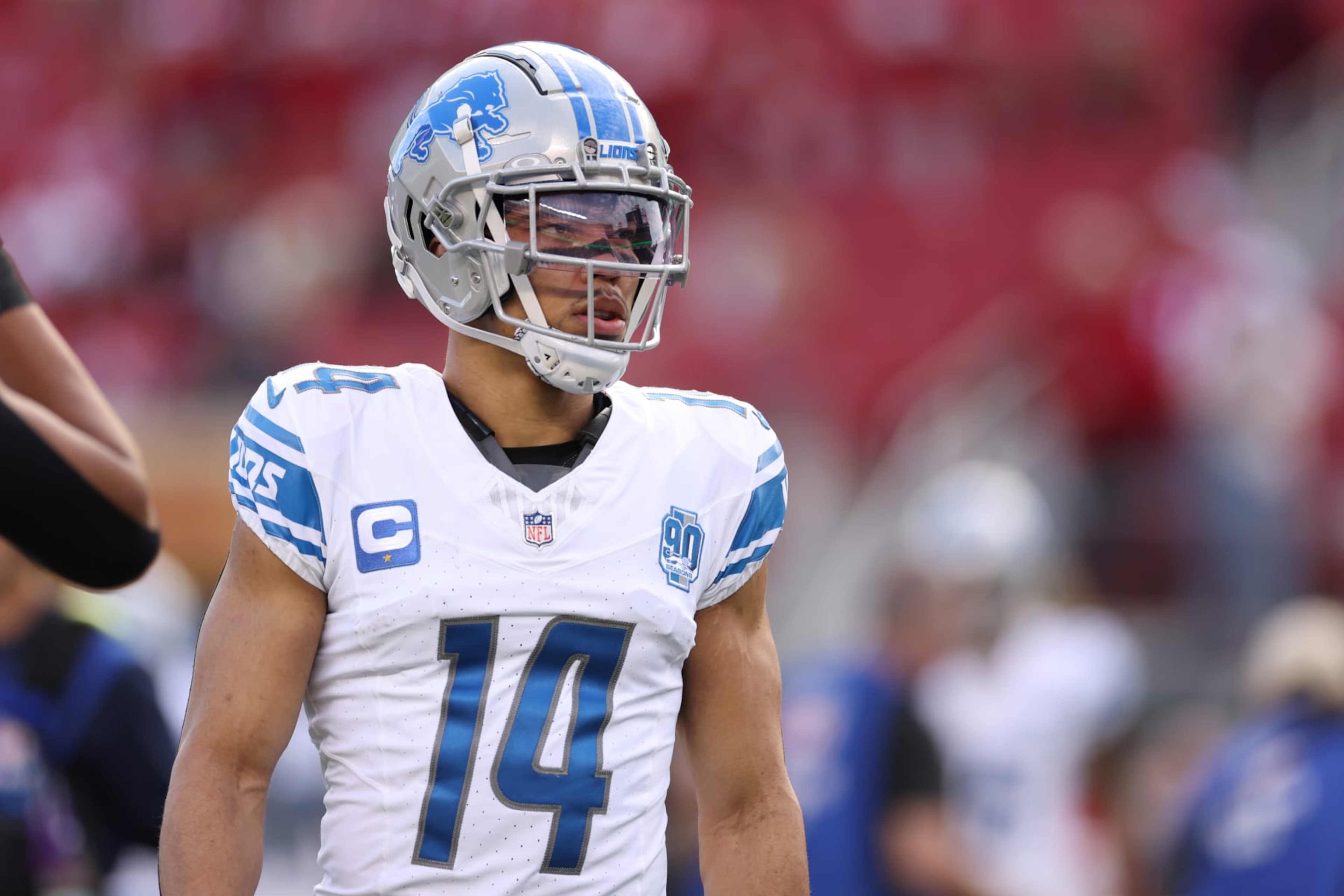 SANTA CLARA, CALIFORNIA - JANUARY 28: Amon-Ra St. Brown #14 of the Detroit Lions looks on prior to a game against the San Francisco 49ers in the NFC Championship Game at Levi's Stadium on January 28, 2024 in Santa Clara, California. (Photo by Ezra Shaw/Getty Images) SANTA CLARA, CALIFORNIA - JANUARY 28: Amon-Ra St. Brown #14 of the Detroit Lions looks on prior to a game against the San Francisco 49ers in the NFC Championship Game at Levi's Stadium on January 28, 2024 in Santa Clara, California. (Photo by Ezra Shaw/Getty Images)