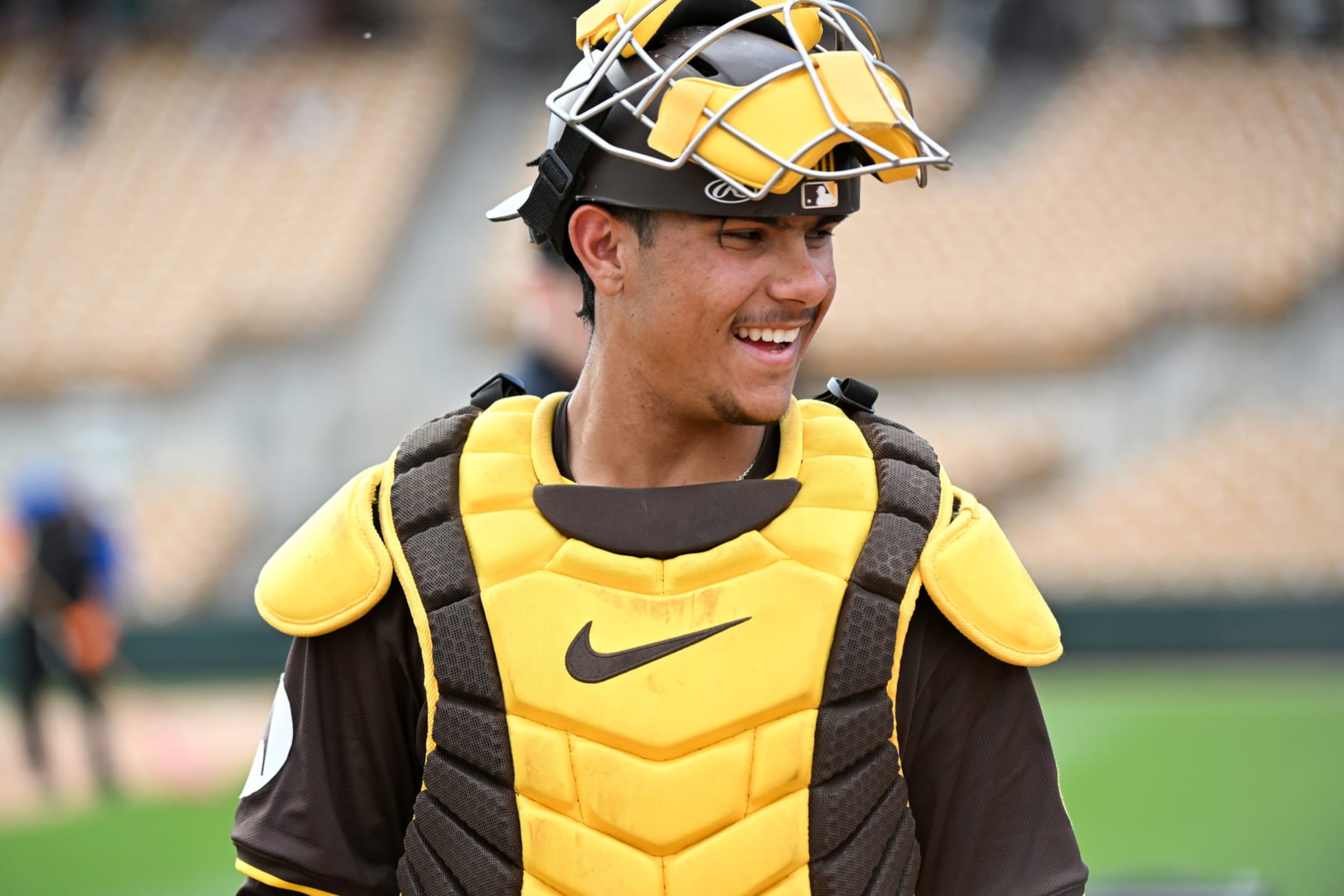 GLENDALE, ARIZONA - FEBRUARY 28, 2024: Ethan Salas #90 of the San Diego Padres looks on after the team's 3-1 win over the Chicago White Sox in a spring training game at Camelback Ranch on February 28, 2024 in Glendale, Arizona. (Photo by David Durochik/Diamond Images via Getty Images)