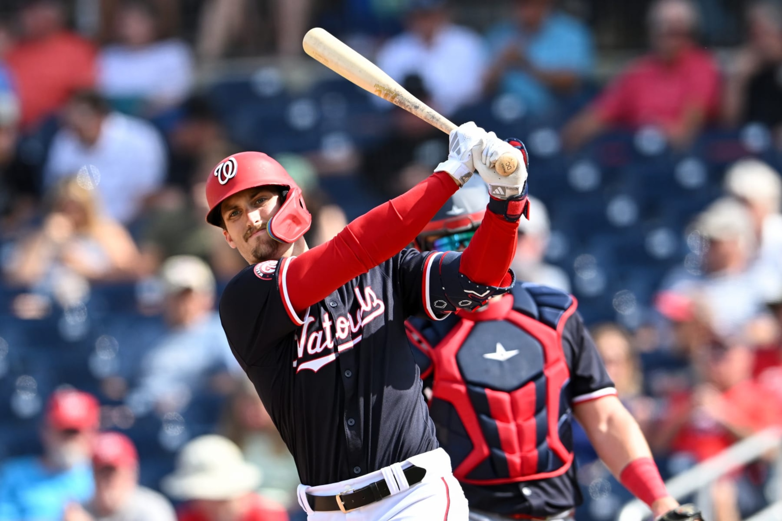 WEST PALM BEACH, FLORIDA - MARCH 21, 2024: Dylan Crews #3 of the Washington Nationals prepares to bat during the ninth inning of a spring training game against the Minnesota Twins at CACTI Park of the Palm Beaches on March 21, 2024 in West Palm Beach, Florida. (Photo by Nick Cammett/Diamond Images via Getty Images)