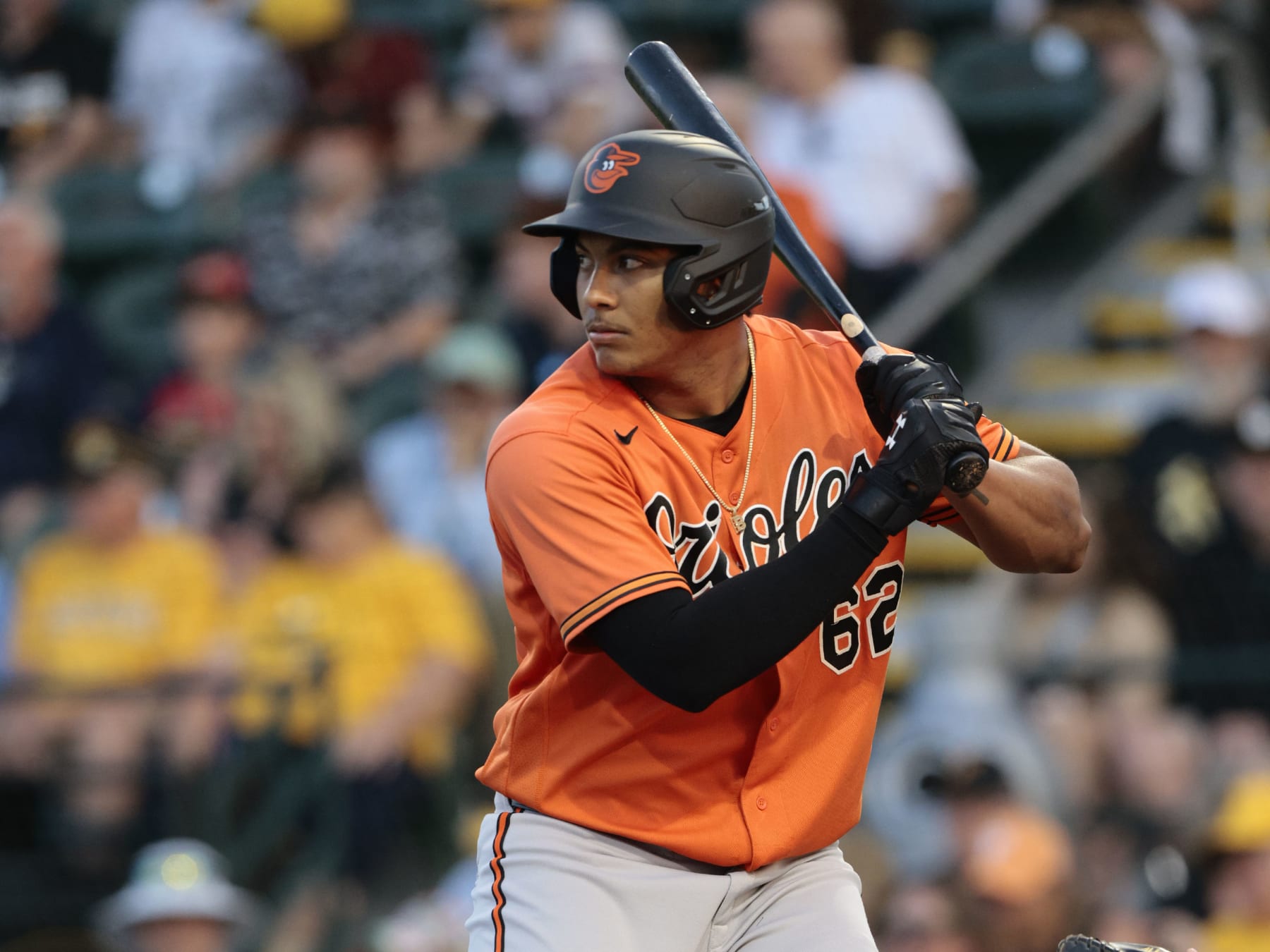 BRADENTON, FLORIDA - MARCH 14: Samuel Basallo #62 of the Baltimore Orioles bats during top of the second inning of a spring training game against the Pittsburgh Pirates at LECOM Park on March 14, 2024 in Bradenton, Florida. (Photo by Christopher Pasatieri/Getty Images)
