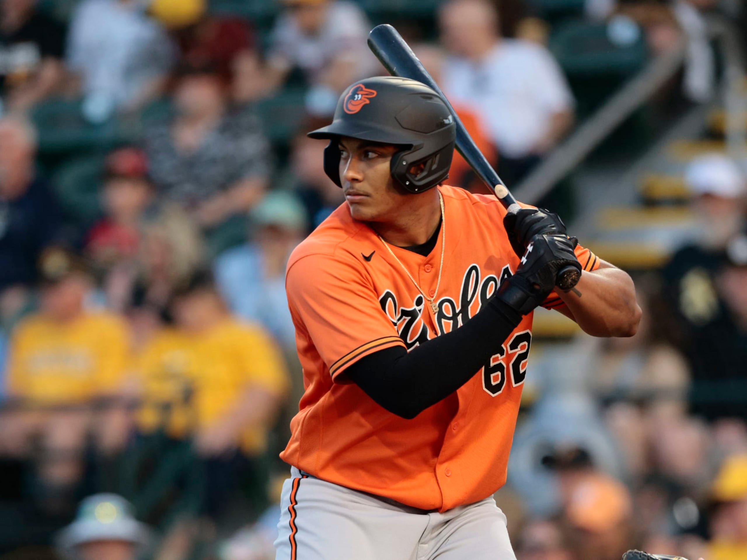 BRADENTON, FLORIDA - MARCH 14: Samuel Basallo #62 of the Baltimore Orioles bats during top of the second inning of a spring training game against the Pittsburgh Pirates at LECOM Park on March 14, 2024 in Bradenton, Florida. (Photo by Christopher Pasatieri/Getty Images)