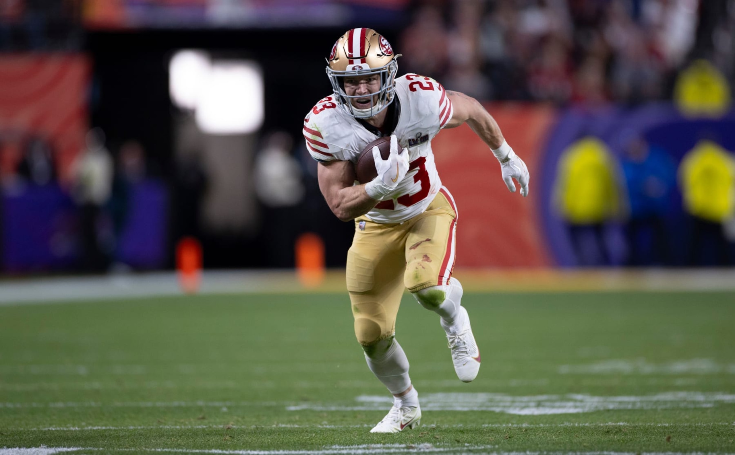 LAS VEGAS, NV - FEBRUARY 11: Christian McCaffrey #23 of the San Francisco 49ers heads to the end zone on a 21-yard touchdown catch during Super Bowl LVIII against the Kansas City Chiefs at Allegiant Stadium on February 11, 2024 in Las Vegas, Nevada. The Chiefs defeated the 49ers 25-22. (Photo by Michael Zagaris/San Francisco 49ers/Getty Images)