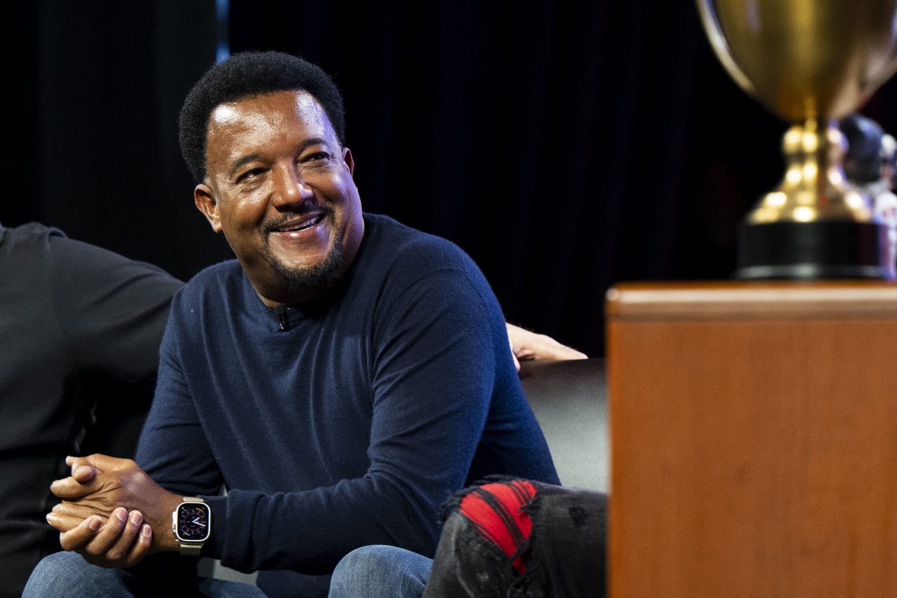 SPRINGFIELD, MA - JANUARY 19: Former Boston Red Sox pitcher Pedro Martinez speaks during the "Cinco Ocho Show" and welcome event for 2024 Boston Red Sox Winter Weekend on January 19, 2024 at MGM Springfield and MassMutual Center in Springfield, Massachusetts. (Photo by Billie Weiss/Boston Red Sox/Getty Images)