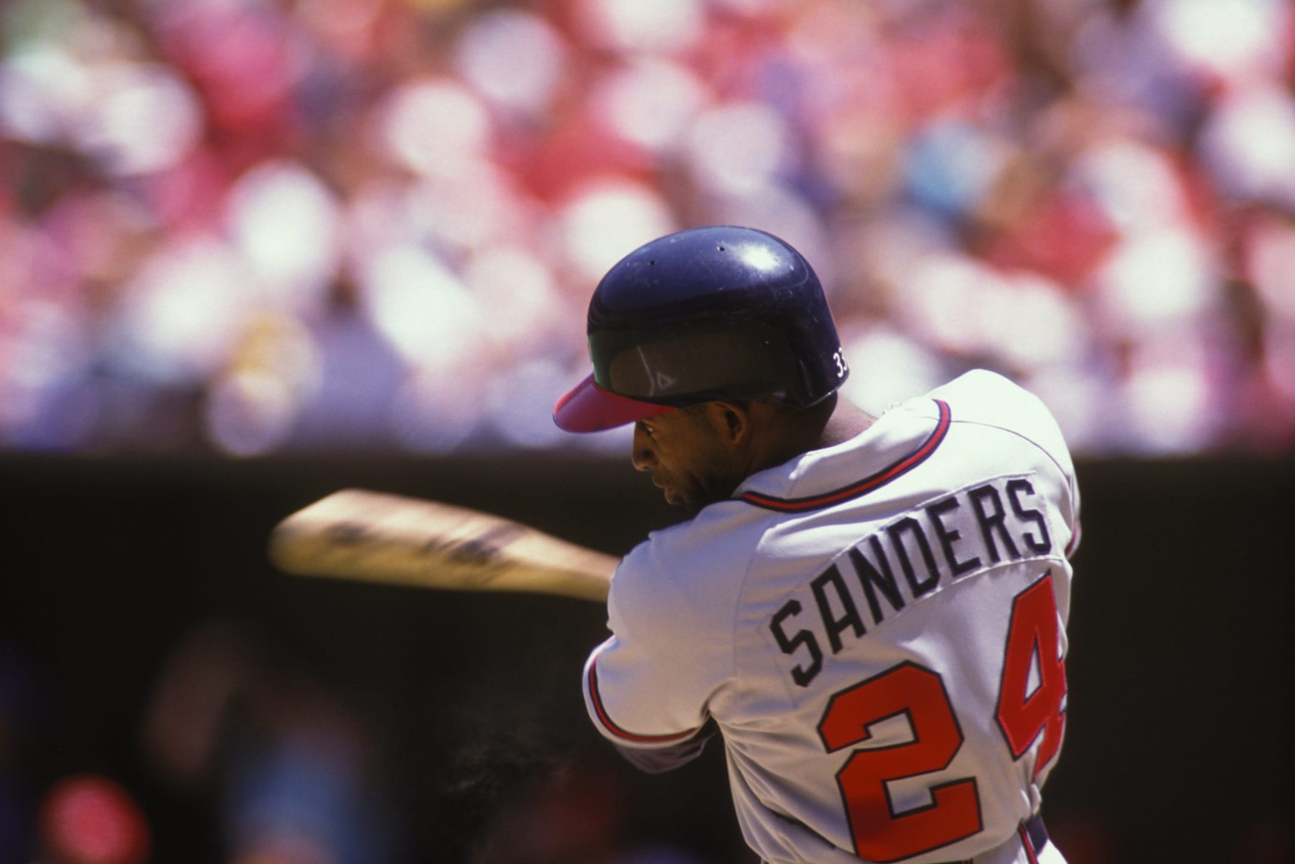 PHILADELPHIA, PA - JUNE 1: Deion Sanders #24 of the Atlanta Braves bats during a baseball game against the Philadelphia Phillies on June 1, 1992 at Veterans Stadium in Philadelphia, Pennsylvania. (Photo by Mitchell Layton/Getty Images) PHILADELPHIA, PA - JUNE 1: Deion Sanders #24 of the Atlanta Braves bats during a baseball game against the Philadelphia Phillies on June 1, 1992 at Veterans Stadium in Philadelphia, Pennsylvania. (Photo by Mitchell Layton/Getty Images)