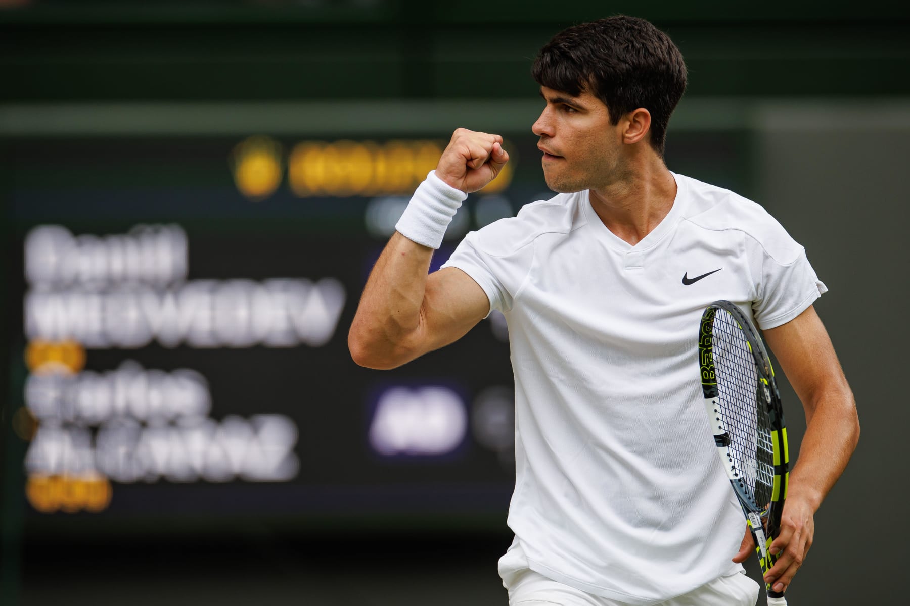 LONDON, ENGLAND - JULY 12: Carlos Alcaraz of Spain celebrates during his match against Daniil Medvedev of Russia in the semi-final of the men's singles during day twelve of The Championships Wimbledon 2024 at All England Lawn Tennis and Croquet Club on July 12, 2024 in London, England. (Photo by Frey/TPN/Getty Images)