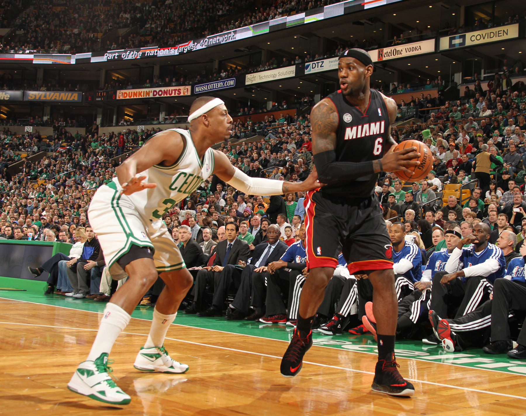BOSTON, MA - JANUARY 27:  LeBron James #6 of the Miami Heat controls the ball against Paul Pierce #34 of the Boston Celtics during the game on January 27, 2013 at TD Garden in Boston, Massachusetts.  NOTE TO USER: User expressly acknowledges and agrees that, by downloading and or using this photograph, User is consenting to the terms and conditions of the Getty Images License Agreement. Mandatory Copyright Notice: Copyright 2013 NBAE  (Photo by Nathaniel S. Butler/NBAE via Getty Images)