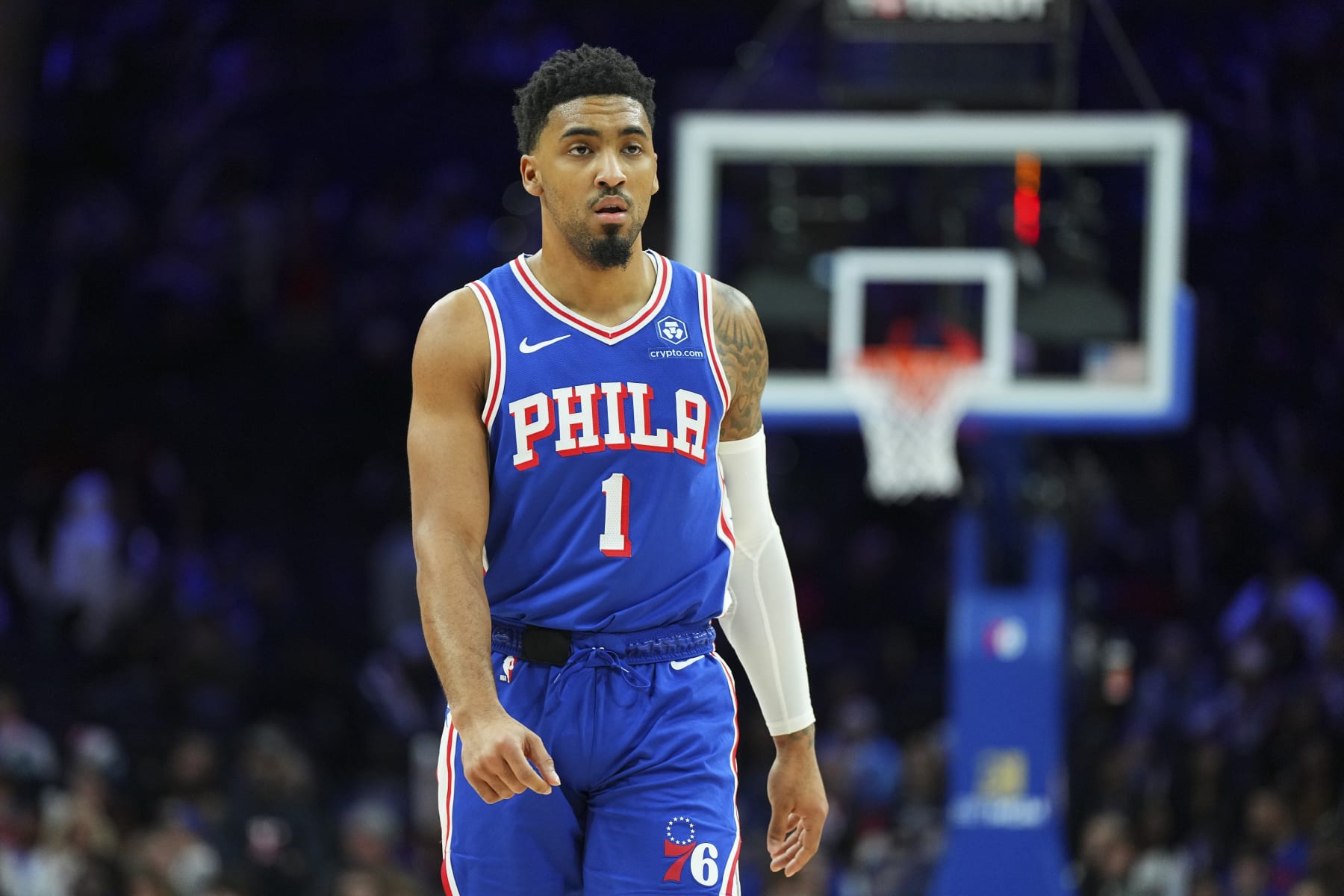 PHILADELPHIA, PENNSYLVANIA - JANUARY 2: KJ Martin #1 of the Philadelphia 76ers looks on against the Chicago Bulls at the Wells Fargo Center on January 2, 2024 in Philadelphia, Pennsylvania. The 76ers defeated the Bulls 110-97. NOTE TO USER: User expressly acknowledges and agrees that, by downloading and or using this photograph, User is consenting to the terms and conditions of the Getty Images License Agreement. (Photo by Mitchell Leff/Getty Images)