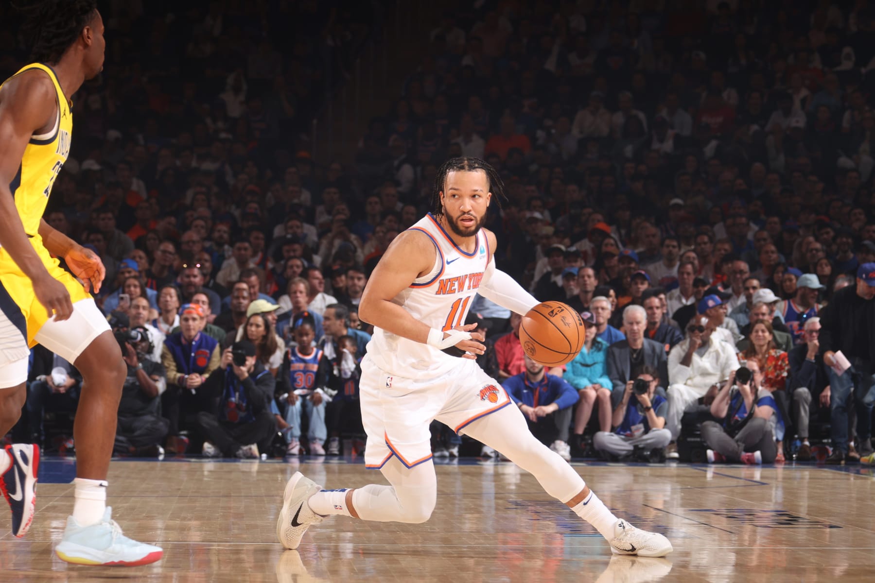 NEW YORK, NY - MAY 19: Jalen Brunson #11 of the New York Knicks dribbles the ball during the game against the Indiana Pacers during Round 2 Game 7 of the 2024 NBA Playoffs on May 19, 2024 at Madison Square Garden in New York City, New York.  NOTE TO USER: User expressly acknowledges and agrees that, by downloading and or using this photograph, User is consenting to the terms and conditions of the Getty Images License Agreement. Mandatory Copyright Notice: Copyright 2024 NBAE  (Photo by Nathaniel S. Butler/NBAE via Getty Images)