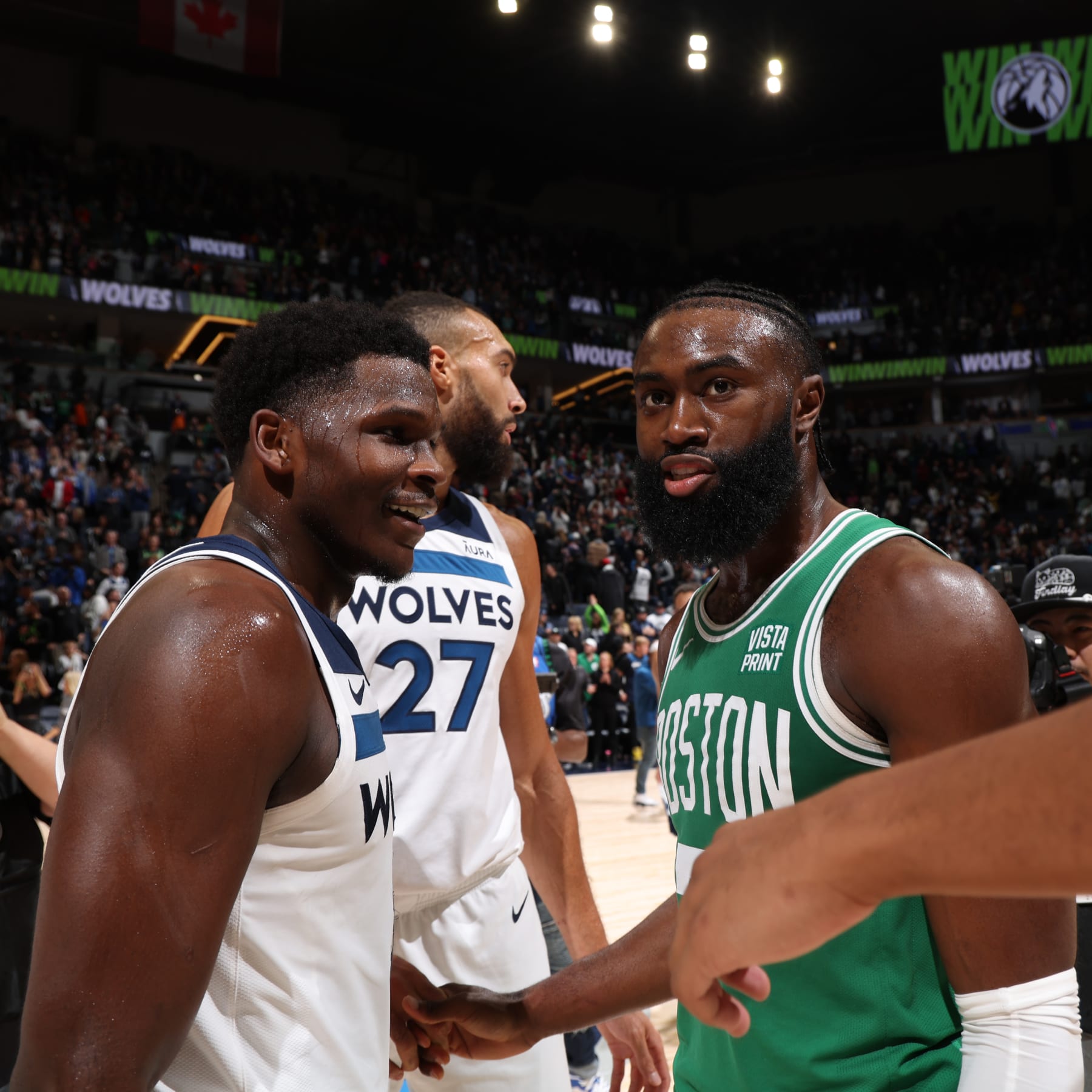 MINNEAPOLIS, MN -  NOVEMBER 6: Anthony Edwards #5 of the Minnesota Timberwolves talks with Jaylen Brown #7 of the Boston Celtics after the game on November 6, 2023 at Target Center in Minneapolis, Minnesota. NOTE TO USER: User expressly acknowledges and agrees that, by downloading and or using this Photograph, user is consenting to the terms and conditions of the Getty Images License Agreement. Mandatory Copyright Notice: Copyright 2023 NBAE (Photo by David Sherman/NBAE via Getty Images)