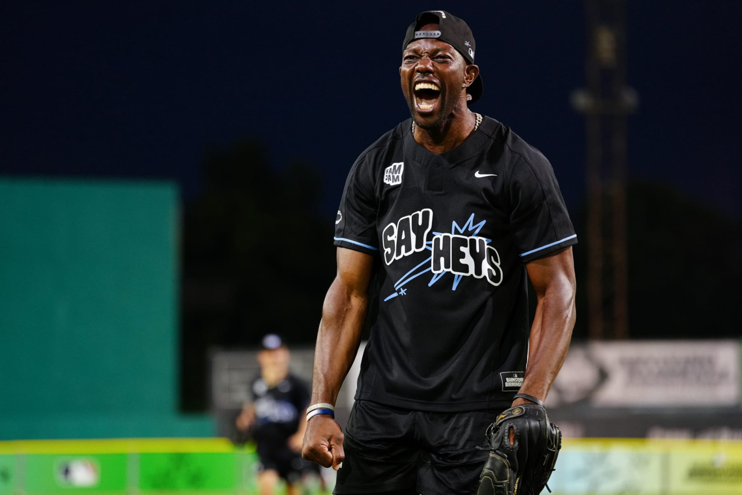 BIRMINGHAM, AL - JUNE 19: Terrell Owens reacts during the 2024 Barnstorm Birmingham Celebrity Softball Game between the Say Heys and the Hammers at Rickwood Field on Wednesday, June 19, 2024 in Birmingham, Alabama. (Photo by Mary DeCicco/MLB Photos via Getty Images)