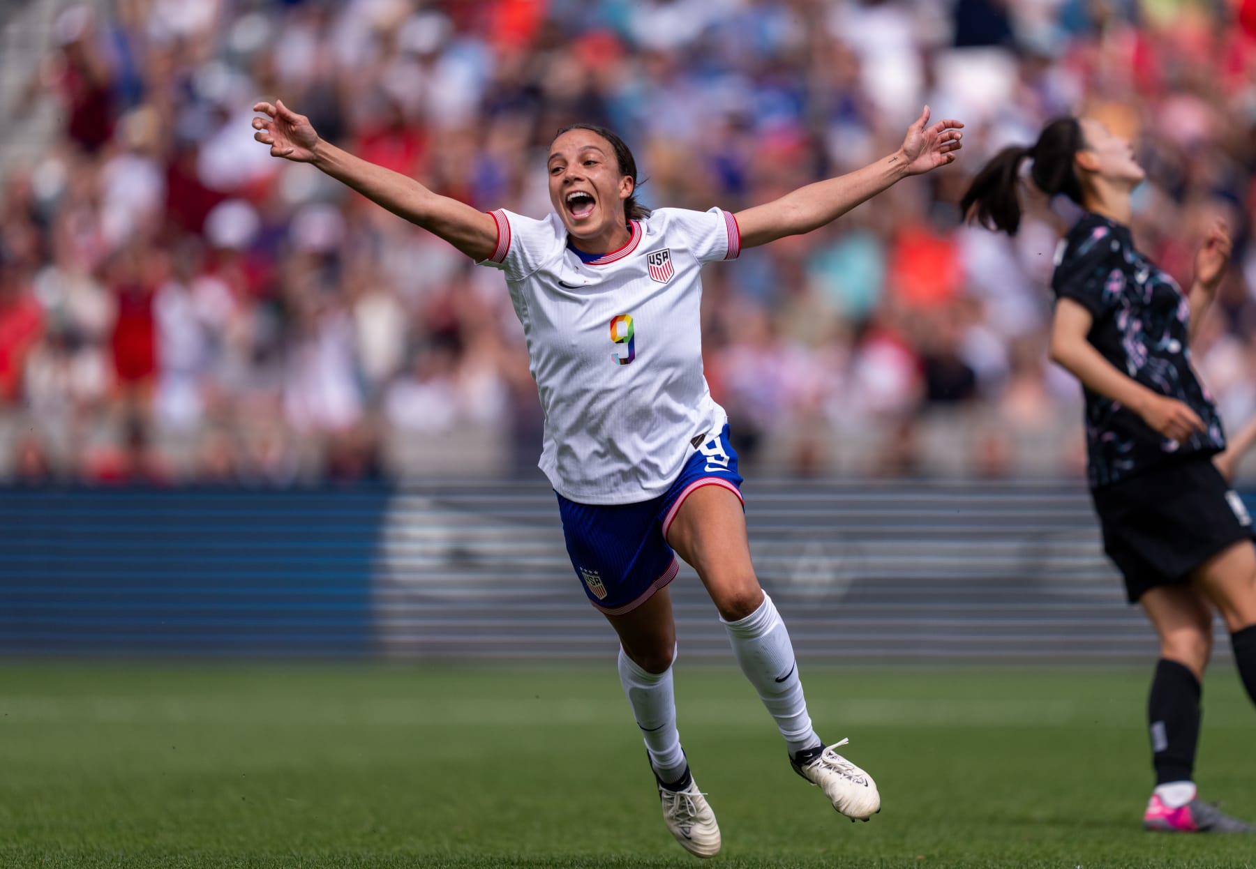 COMMERCE CITY, CO - JUNE 1: Mallory Swanson #9 of the United States celebrates  a goal during a game between Korea Repulbic and USWNT at Dick's Sporting Goods Park on June 1, 2024 in Commerce City, Colorado. (Photo by Brad Smith/ISI Photos/USSF/Getty Images for USSF)