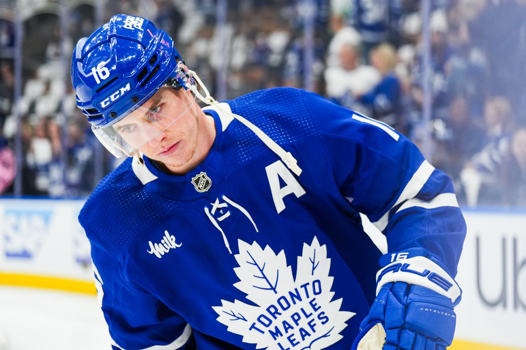 TORONTO, ON - MAY 2: Mitch Marner #16 of the Toronto Maple Leafs skates during warmups before facing the Boston Bruins in Game Six of the First Round of the 2024 Stanley Cup Playoffs at Scotiabank Arena on May 2, 2024 in Toronto, Ontario, Canada. (Photo by Kevin Sousa/NHLI via Getty Images)