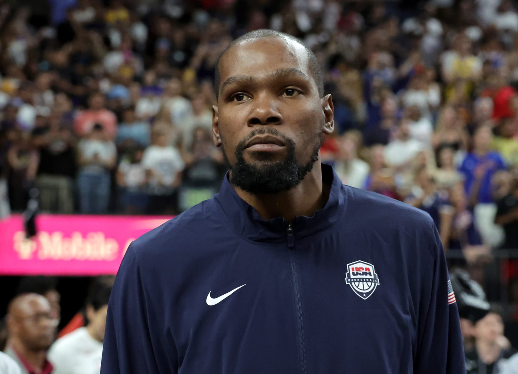 LAS VEGAS, NEVADA - JULY 10: Kevin Durant #7 of the United States walks on the court after the team's 86-72 victory over Canada in their exhibition game ahead of the Paris Olympic Games at T-Mobile Arena on July 10, 2024 in Las Vegas, Nevada. (Photo by Ethan Miller/Getty Images)