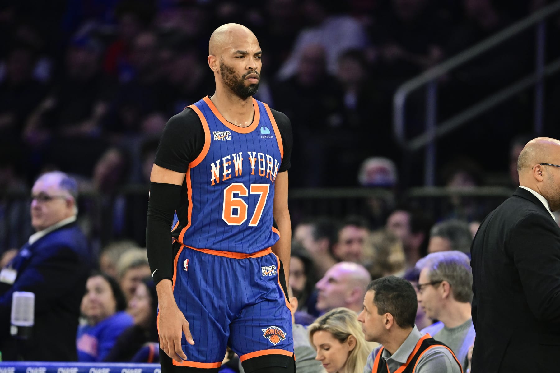 NEW YORK, NEW YORK - FEBRUARY 10:  Taj Gibson #67 of the New York Knicks reacts during the game against the Indiana Pacers at Madison Square Garden on February 10, 2024 in New York City. NOTE TO USER: User expressly acknowledges and agrees that, by downloading and or using this photograph, User is consenting to the terms and conditions of the Getty Images License Agreement. (Photo by Steven Ryan/Getty Images)