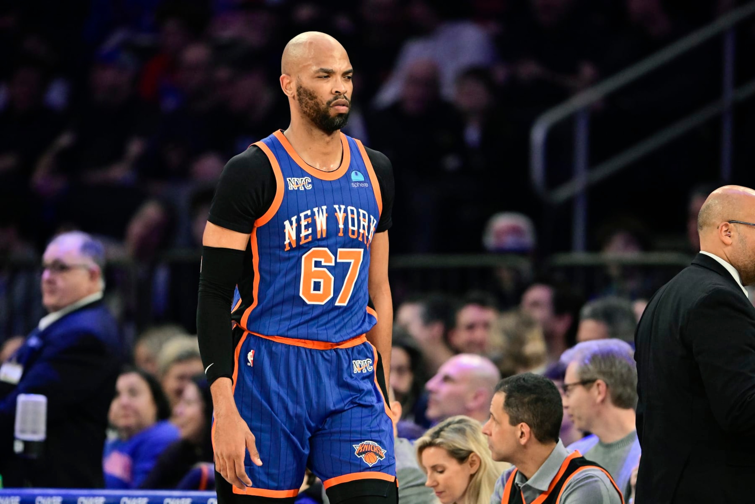 NEW YORK, NEW YORK - FEBRUARY 10: Taj Gibson #67 of the New York Knicks reacts during the game against the Indiana Pacers at Madison Square Garden on February 10, 2024 in New York City. NOTE TO USER: User expressly acknowledges and agrees that, by downloading and or using this photograph, User is consenting to the terms and conditions of the Getty Images License Agreement. (Photo by Steven Ryan/Getty Images) NEW YORK, NEW YORK - FEBRUARY 10: Taj Gibson #67 of the New York Knicks reacts during the game against the Indiana Pacers at Madison Square Garden on February 10, 2024 in New York City. NOTE TO USER: User expressly acknowledges and agrees that, by downloading and or using this photograph, User is consenting to the terms and conditions of the Getty Images License Agreement. (Photo by Steven Ryan/Getty Images)
