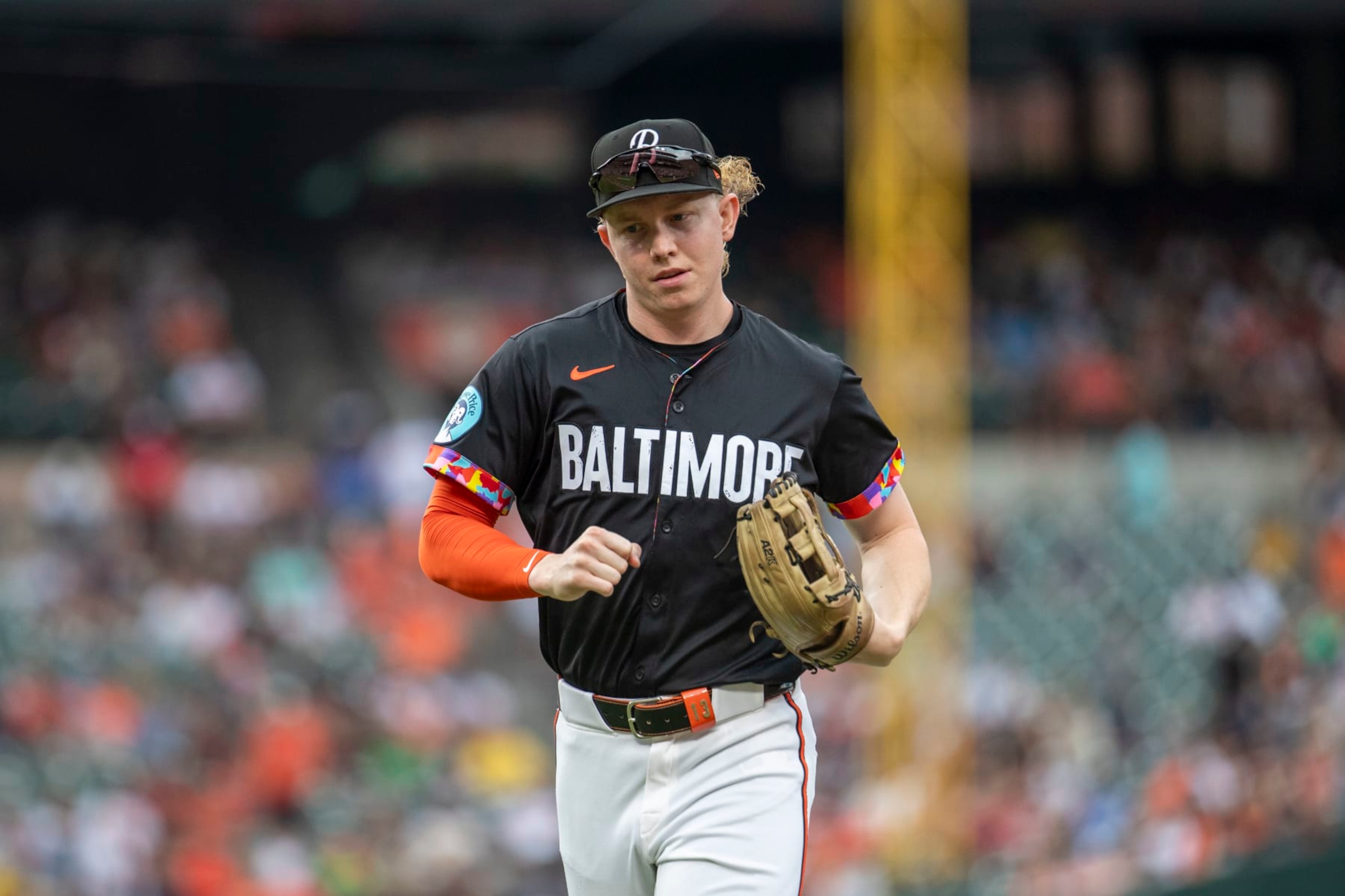 BALTIMORE, MD - JULY 12: Baltimore Orioles outfielder Heston Kjerstad (13) jogs off the field between innings during the New York Yankees versus Baltimore Orioles MLB game at Oriole Park at Camden Yards on July 12, 2024, in Baltimore, MD. (Photo by Charles Brock/Icon Sportswire via Getty Images) BALTIMORE, MD - JULY 12: Baltimore Orioles outfielder Heston Kjerstad (13) jogs off the field between innings during the New York Yankees versus Baltimore Orioles MLB game at Oriole Park at Camden Yards on July 12, 2024, in Baltimore, MD. (Photo by Charles Brock/Icon Sportswire via Getty Images)
