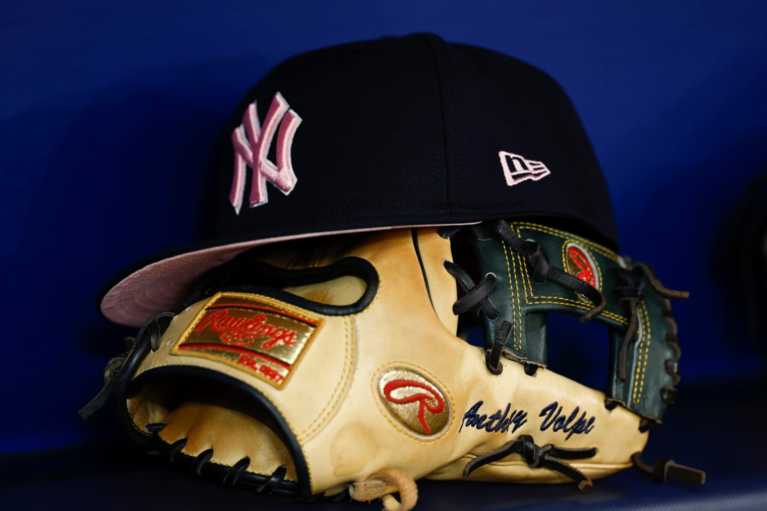 ST PETERSBURG, FLORIDA - MAY 12: General view of the hat and glove of Anthony Volpe #11 of the New York Yankees prior to the game /T at Tropicana Field on May 12, 2024 in St Petersburg, Florida. (Photo by Douglas P. DeFelice/Getty Images)