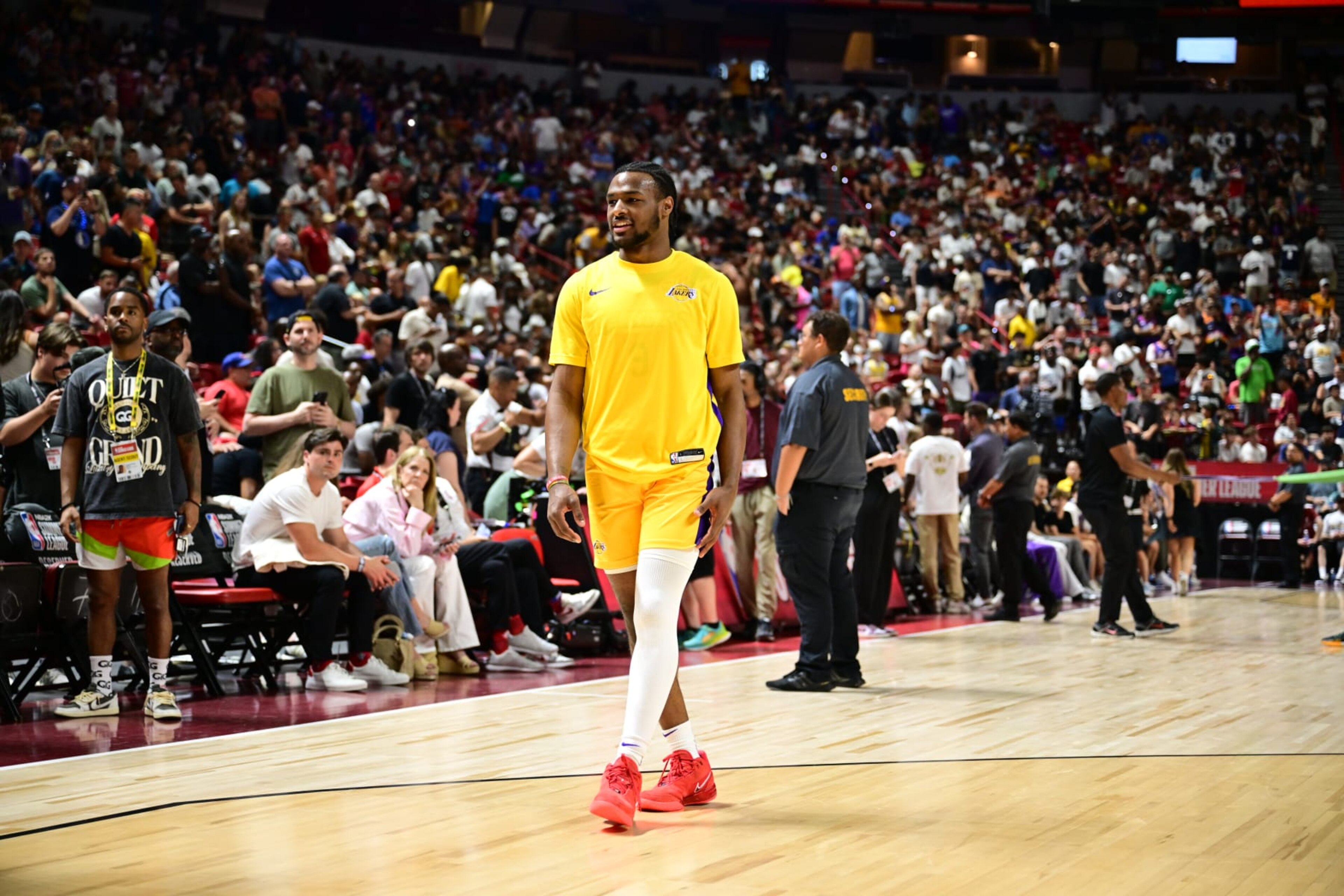 LAS VEGAS, NV - JULY 12: Bronny James Jr. #9 of the Los Angeles Lakers warms up before the game against the Houston Rockets on July 12, 2024 at the Thomas & Mack Center in Las Vegas, Nevada. NOTE TO USER: User expressly acknowledges and agrees that, by downloading and or using this photograph, User is consenting to the terms and conditions of the Getty Images License Agreement. Mandatory Copyright Notice: Copyright 2024 NBAE (Photo by Adam Hagy/NBAE via Getty Images) LAS VEGAS, NV - JULY 12: Bronny James Jr. #9 of the Los Angeles Lakers warms up before the game against the Houston Rockets on July 12, 2024 at the Thomas & Mack Center in Las Vegas, Nevada. NOTE TO USER: User expressly acknowledges and agrees that, by downloading and or using this photograph, User is consenting to the terms and conditions of the Getty Images License Agreement. Mandatory Copyright Notice: Copyright 2024 NBAE (Photo by Adam Hagy/NBAE via Getty Images)