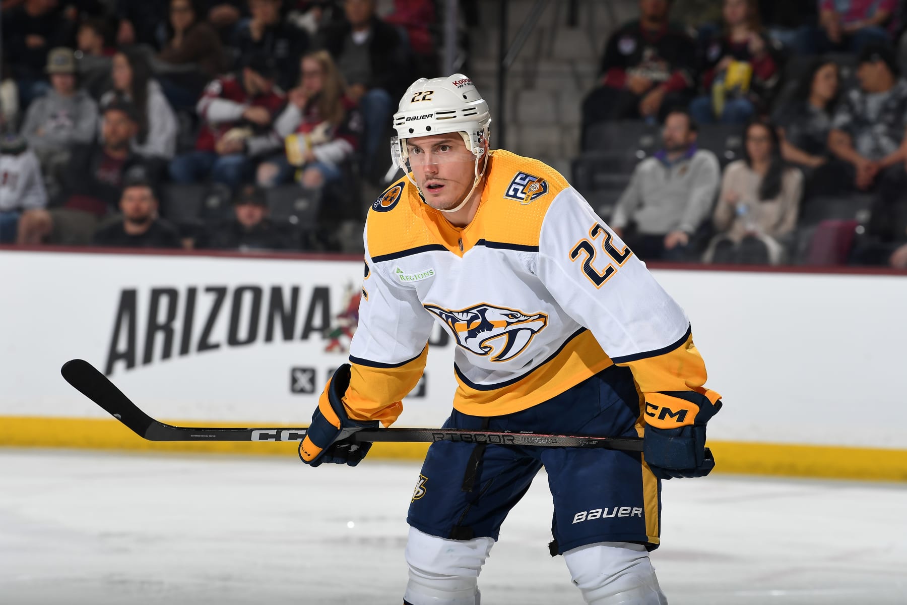 TEMPE, ARIZONA - MARCH 28: Tyson Barrie #22 of the Nashville Predators gets ready during a face off against the Arizona Coyotes at Mullett Arena on March 28, 2024 in Tempe, Arizona. (Photo by Norm Hall/NHLI via Getty Images)