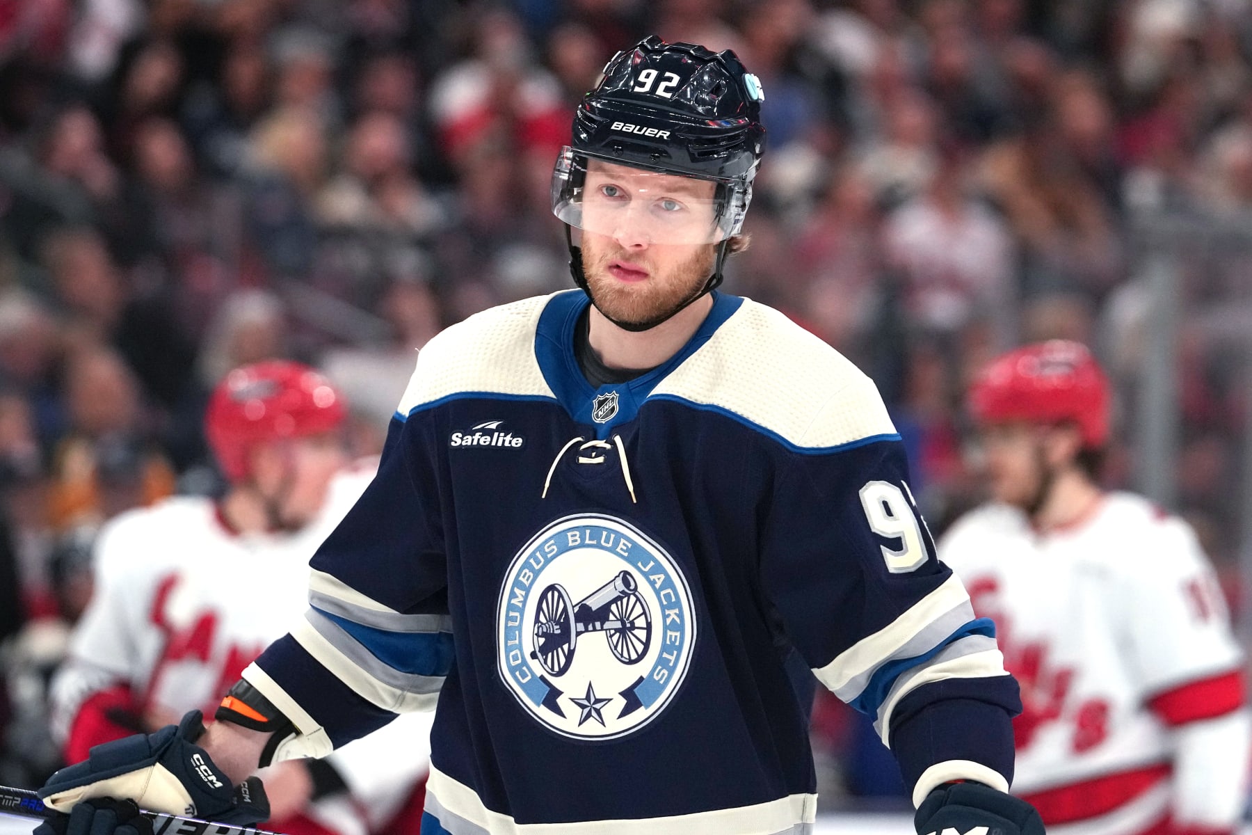 COLUMBUS, OHIO - APRIL 16: Alexander Nylander #92 of the Columbus Blue Jackets takes a break during a stoppage in play against the Carolina Hurricanes at Nationwide Arena on April 16, 2024 in Columbus, Ohio. (Photo by Jason Mowry/Getty Images)