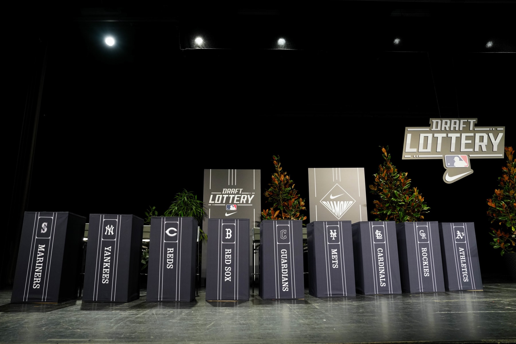 NASHVILLE, TN - DECEMBER 05:   A general view of the stage during the 2024 MLB Draft Lottery presented by Nike at the 2023 MLB Winter Meetings at Gaylord Opryland Resort & Convention Center on Tuesday, December 5, 2023 in Nashville, Tennessee. (Photo by Daniel Shirey/MLB Photos via Getty Images)