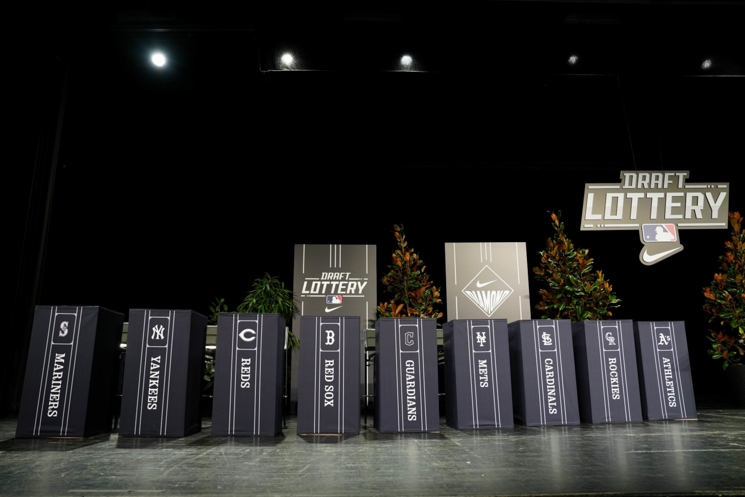 NASHVILLE, TN - DECEMBER 05:   A general view of the stage during the 2024 MLB Draft Lottery presented by Nike at the 2023 MLB Winter Meetings at Gaylord Opryland Resort & Convention Center on Tuesday, December 5, 2023 in Nashville, Tennessee. (Photo by Daniel Shirey/MLB Photos via Getty Images)