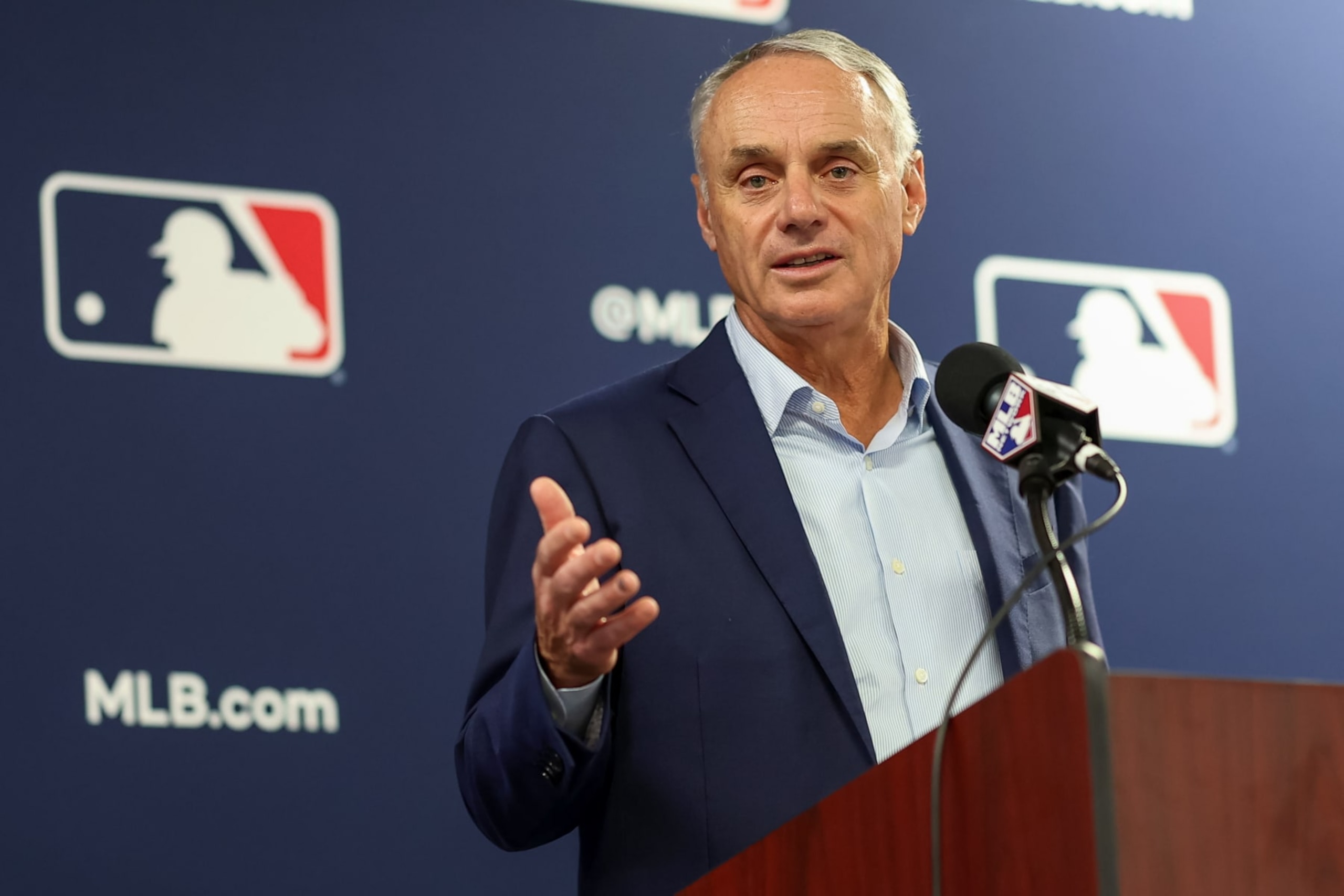 TAMPA, FL - FEBRUARY 15: Commissioner of Major League Baseball Robert D. Manfred Jr. speaks during the 2024 Grapefruit League Spring Training Media Day at George M. Steinbrenner Field on Thursday, February 15, 2024 in Tampa, Florida. (Photo by Mike Carlson/MLB Photos via Getty Images)