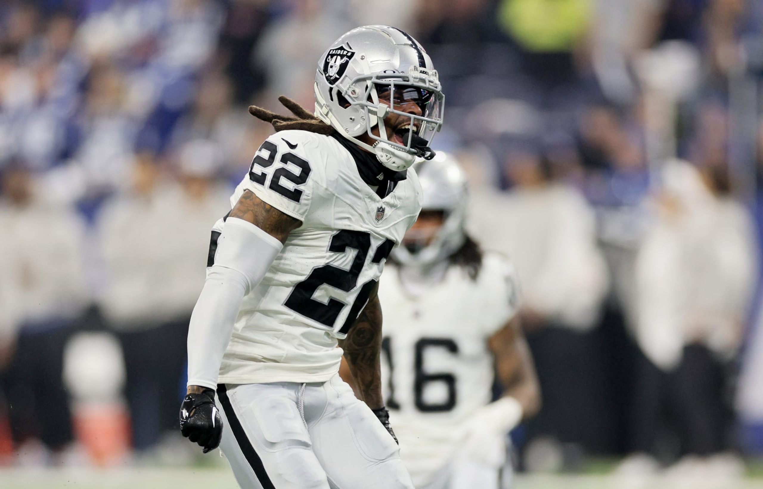 INDIANAPOLIS, INDIANA - DECEMBER 31: Ameer Abdullah #22 of the Las Vegas Raiders celebrates in the game against the Indianapolis Colts against the  at Lucas Oil Stadium on December 31, 2023 in Indianapolis, Indiana. (Photo by Andy Lyons/Getty Images)