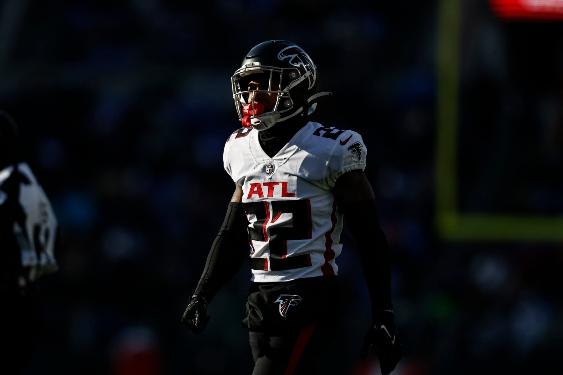 BALTIMORE, MARYLAND - DECEMBER 24: Cornell Armstrong #22 of the Atlanta Falcons looks on during an NFL football game between the Baltimore Ravens and the Atlanta Falcons at M&T Bank Stadium on December 24, 2022 in Baltimore, Maryland. (Photo by Michael Owens/Getty Images)