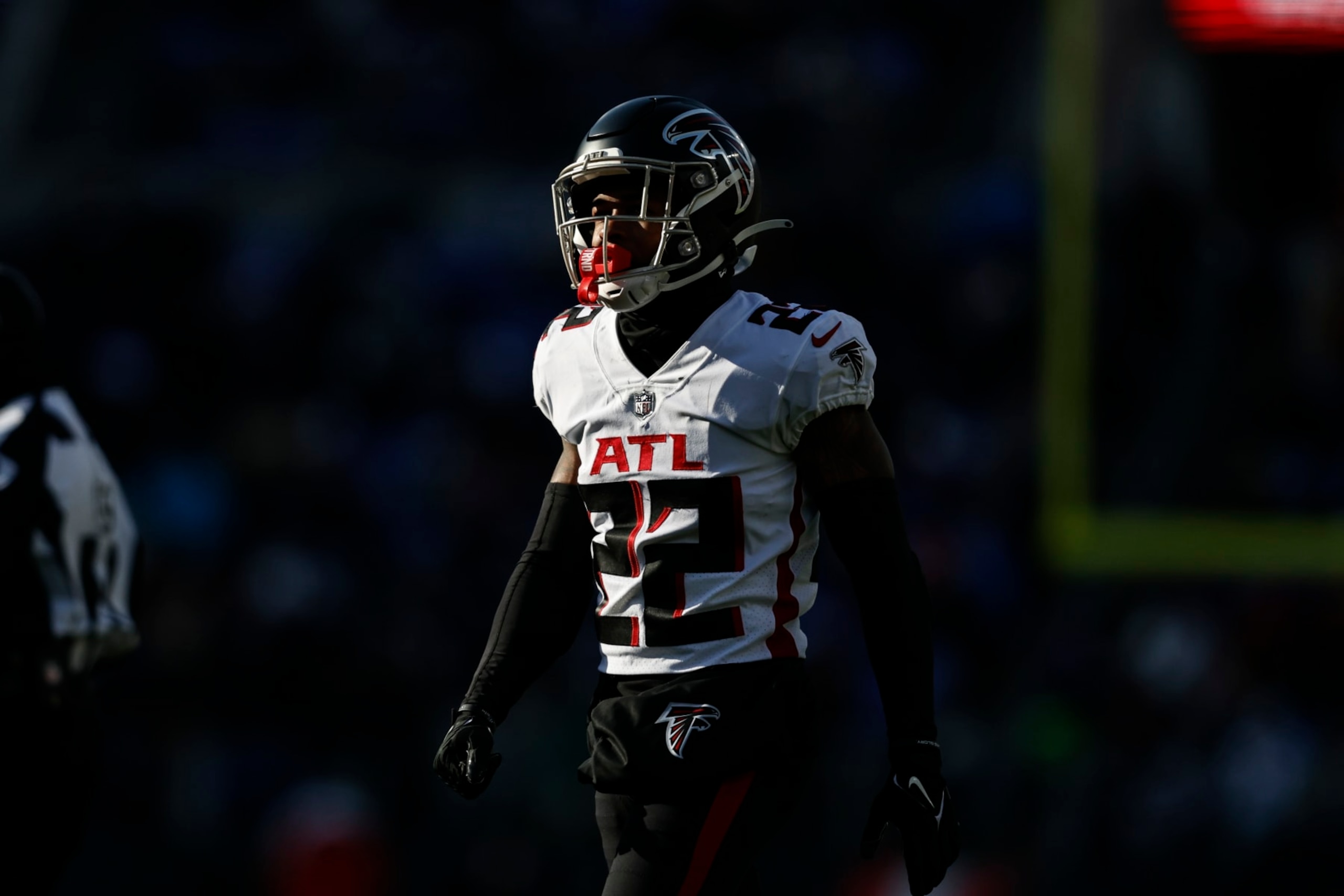 BALTIMORE, MARYLAND - DECEMBER 24: Cornell Armstrong #22 of the Atlanta Falcons looks on during an NFL football game between the Baltimore Ravens and the Atlanta Falcons at M&T Bank Stadium on December 24, 2022 in Baltimore, Maryland. (Photo by Michael Owens/Getty Images)