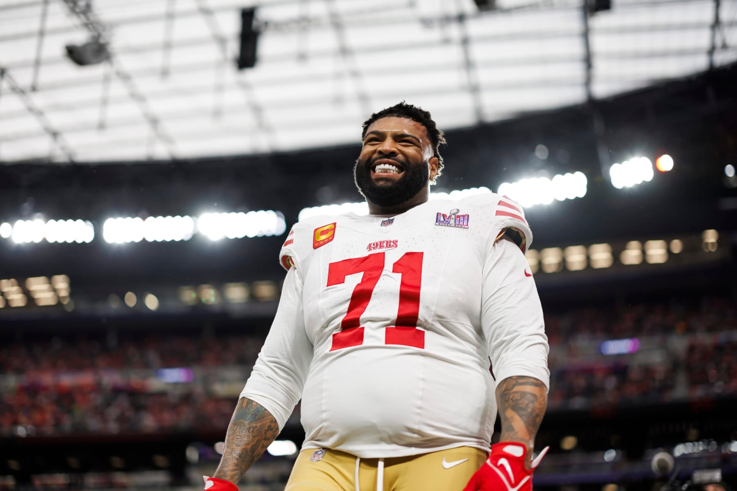 LAS VEGAS, NEVADA - FEBRUARY 11: Trent Williams #71 of the San Francisco 49ers looks on during pregame warmups before Super Bowl LVIII against the Kansas City Chiefs at Allegiant Stadium on February 11, 2024 in Las Vegas, Nevada. (Photo by Ryan Kang/Getty Images)