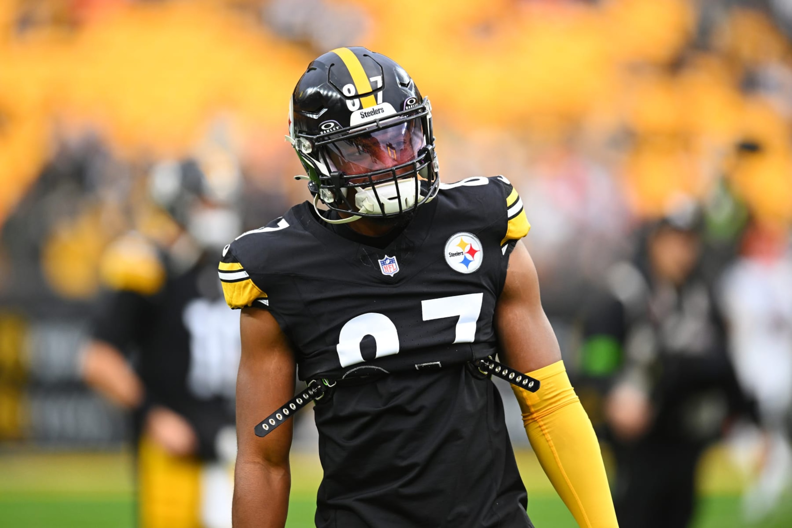 PITTSBURGH, PENNSYLVANIA - DECEMBER 23: Rodney Williams #87 of the Pittsburgh Steelers looks on prior to a game against the Cincinnati Bengals at Acrisure Stadium on December 23, 2023 in Pittsburgh, Pennsylvania. (Photo by Joe Sargent/Getty Images)