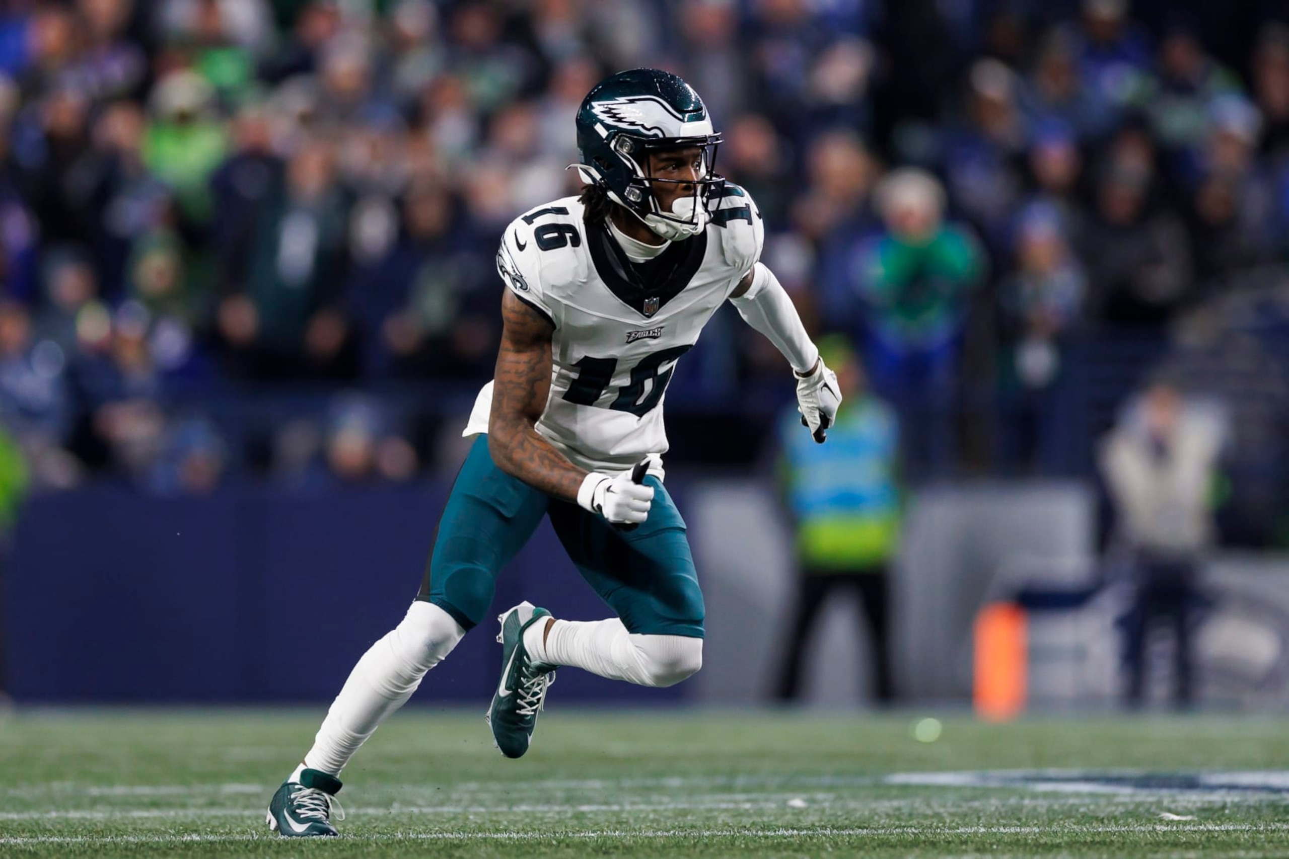 SEATTLE, WASHINGTON - DECEMBER 18: Quez Watkins #16 of the Philadelphia Eagles runs a route against the Seattle Seahawks at Lumen Field on December 18, 2023 in Seattle, Washington. (Photo by Ryan Kang/Getty Images)