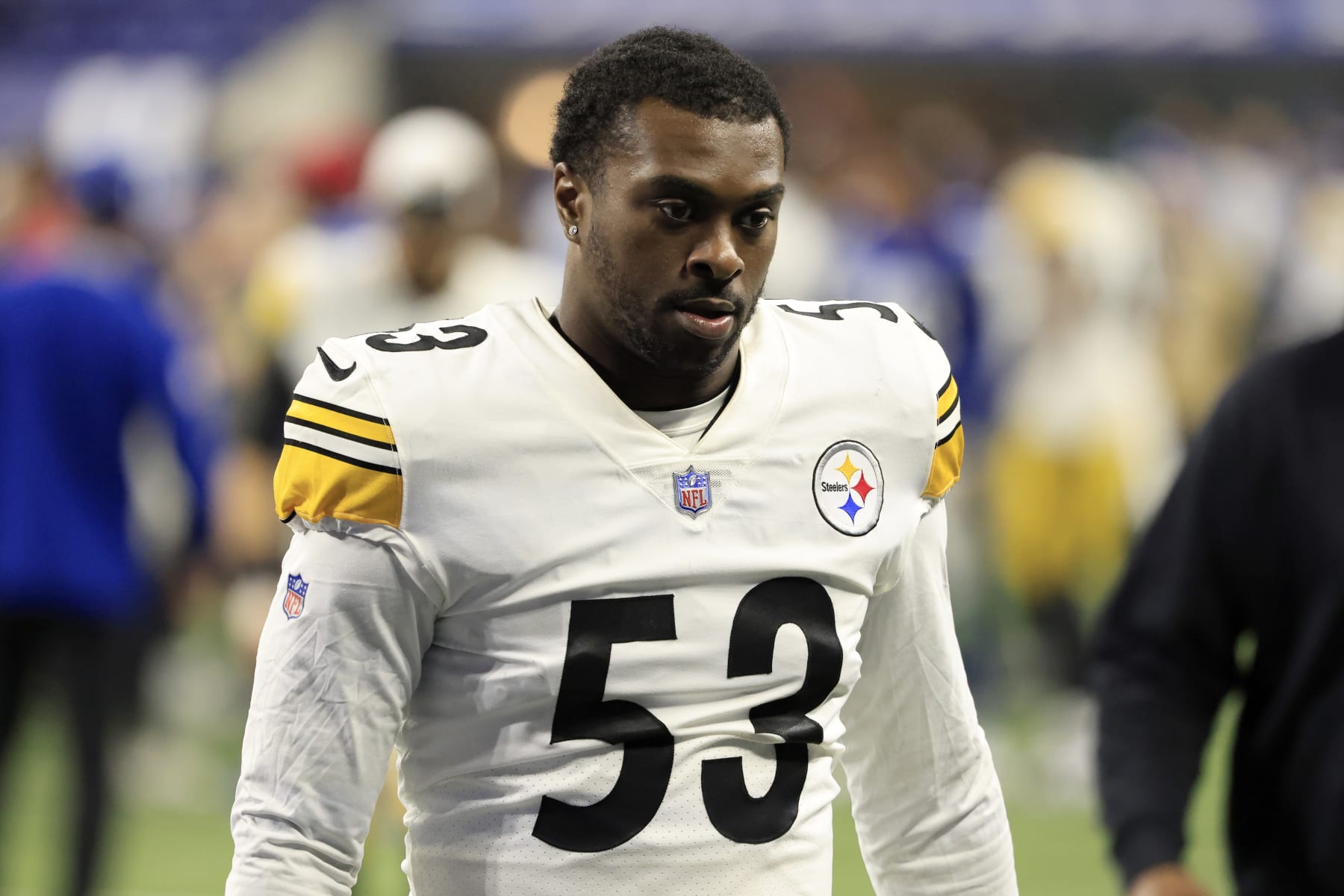 INDIANAPOLIS, INDIANA - DECEMBER 16: Kyron Johnson #53 of the Pittsburgh Steelers walks off the field after a loss to the Indianapolis Colts at Lucas Oil Stadium on December 16, 2023 in Indianapolis, Indiana. (Photo by Justin Casterline/Getty Images)