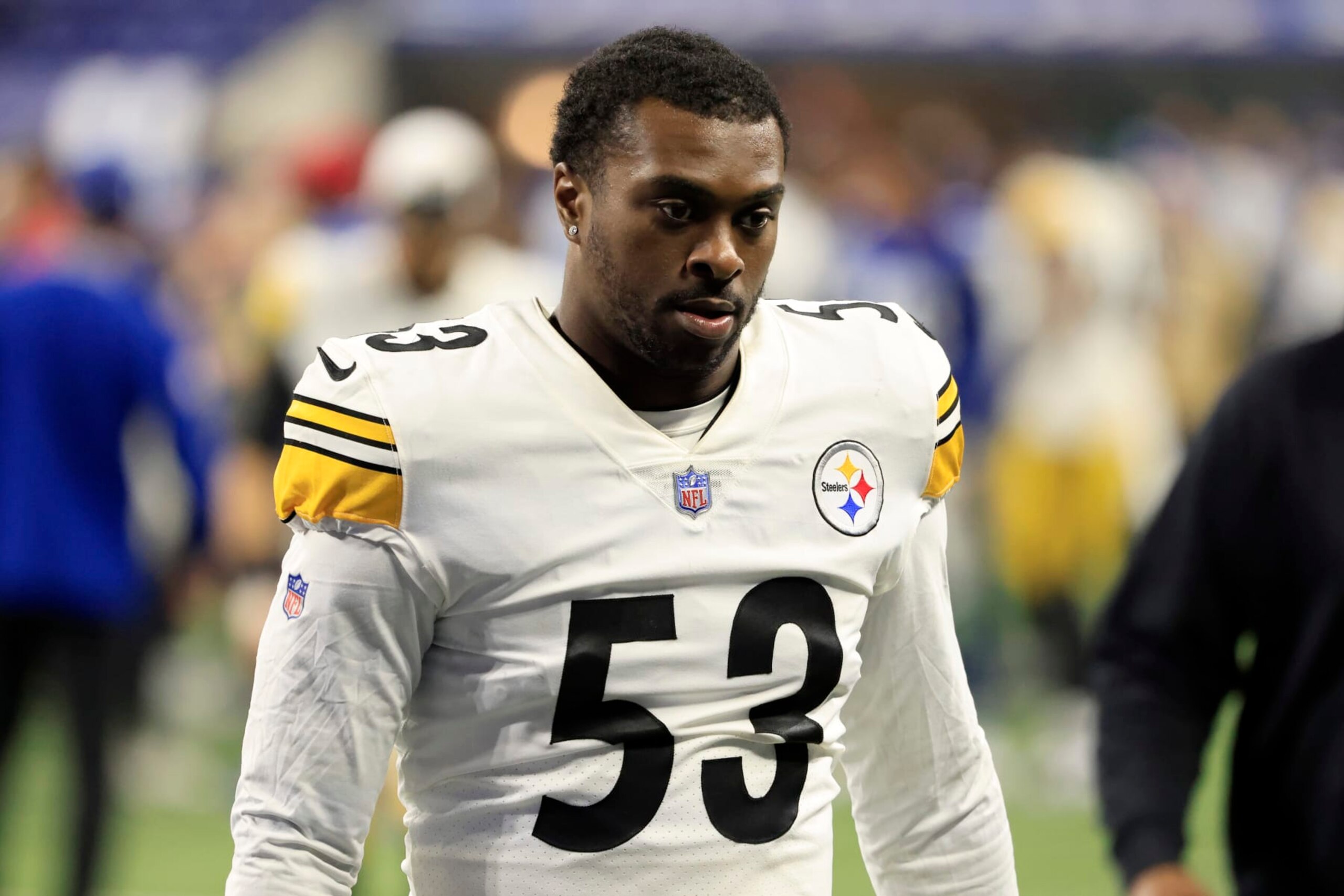 INDIANAPOLIS, INDIANA - DECEMBER 16: Kyron Johnson #53 of the Pittsburgh Steelers walks off the field after a loss to the Indianapolis Colts at Lucas Oil Stadium on December 16, 2023 in Indianapolis, Indiana. (Photo by Justin Casterline/Getty Images)