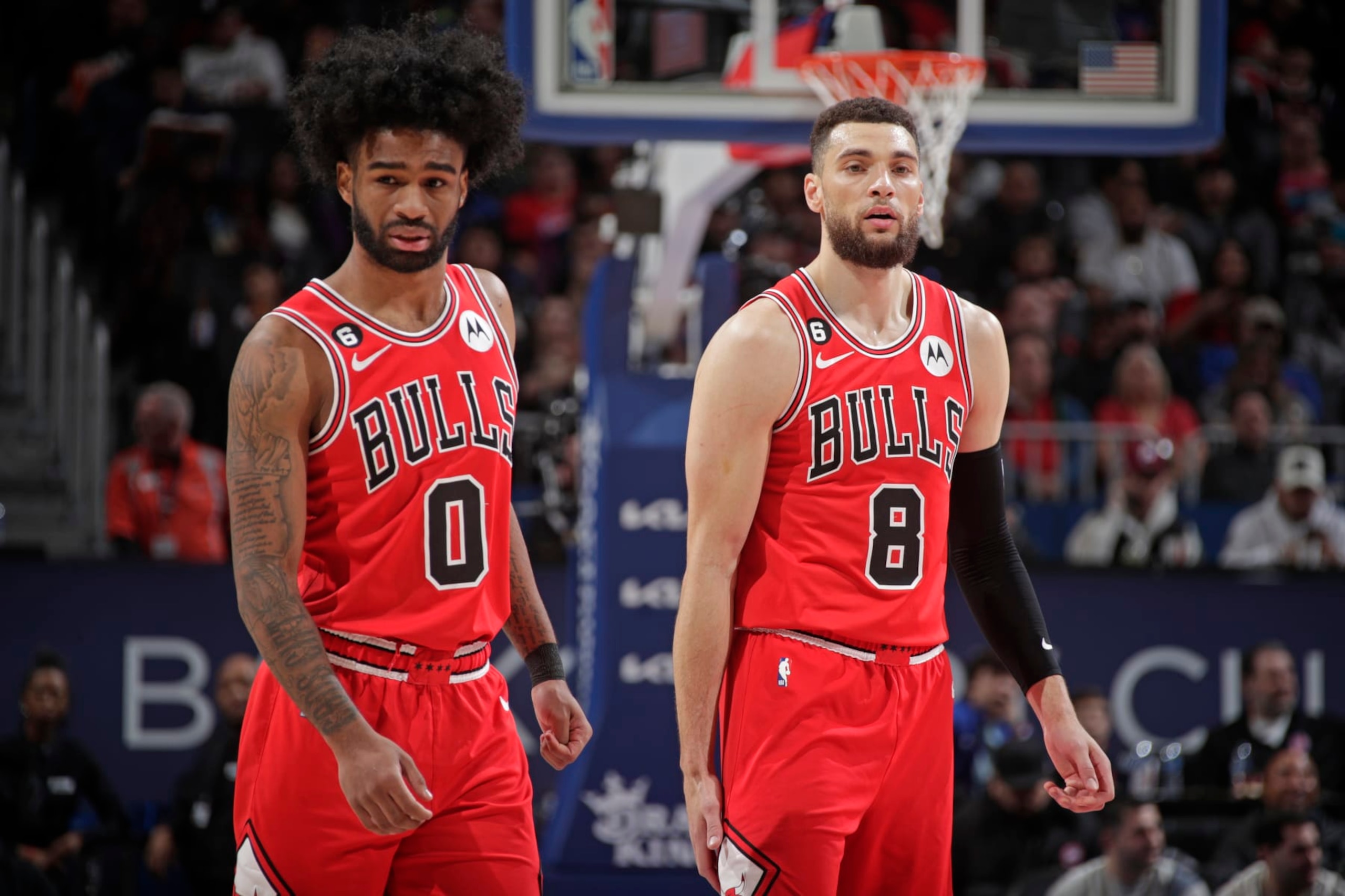 DETROIT, MI - MARCH 1: Coby White #0 and Zach LaVine #8 of the Chicago Bulls looks on against the Detroit Pistons on March 1, 2023 at Little Caesars Arena in Detroit, Michigan. NOTE TO USER: User expressly acknowledges and agrees that, by downloading and/or using this photograph, User is consenting to the terms and conditions of the Getty Images License Agreement. Mandatory Copyright Notice: Copyright 2023 NBAE (Photo by Brian Sevald/NBAE via Getty Images) DETROIT, MI - MARCH 1: Coby White #0 and Zach LaVine #8 of the Chicago Bulls looks on against the Detroit Pistons on March 1, 2023 at Little Caesars Arena in Detroit, Michigan. NOTE TO USER: User expressly acknowledges and agrees that, by downloading and/or using this photograph, User is consenting to the terms and conditions of the Getty Images License Agreement. Mandatory Copyright Notice: Copyright 2023 NBAE (Photo by Brian Sevald/NBAE via Getty Images)