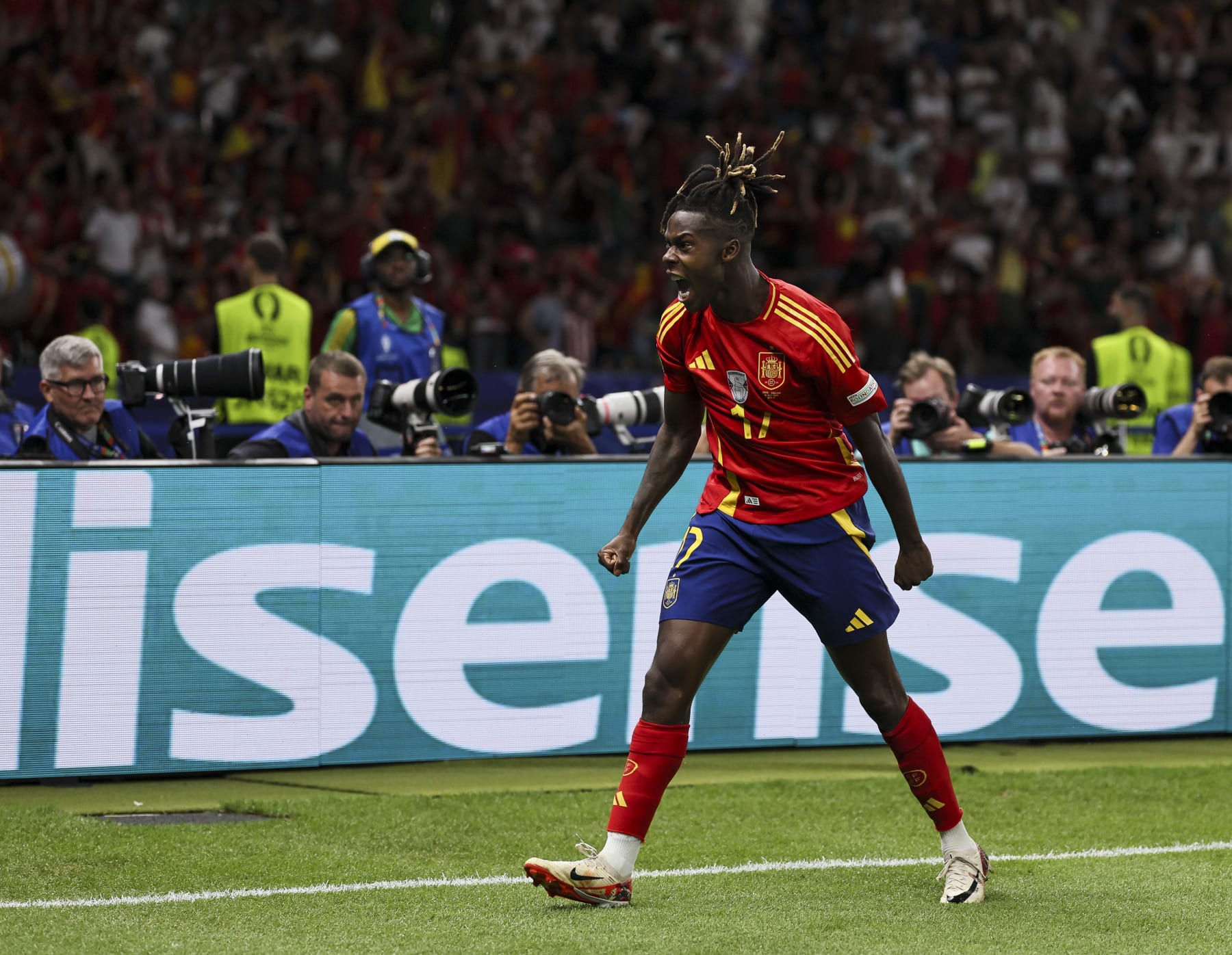 BERLIN, GERMANY - JULY 14: Nico Williams of Spain celebrates after scoring his sides first goal during the UEFA EURO 2024 final match between Spain and England at Olympiastadion on July 14, 2024 in Berlin, Germany. (Photo by Qian Jun/MB Media/Getty Images)